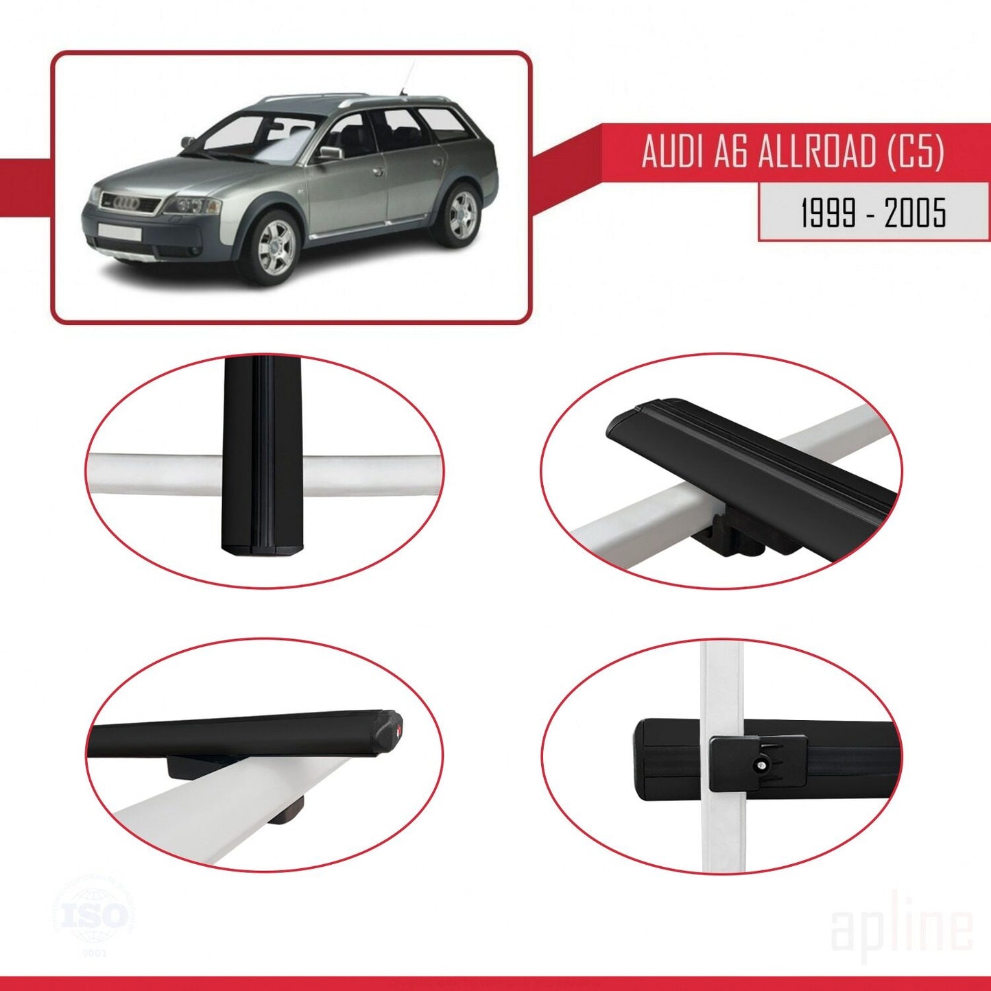 Compatible con A6 (C5) Allroad 1999-2005 BASIC Model Barras de Techo Auto Portaequipajes Barras Transversales Negro Aluminio 3 Barras