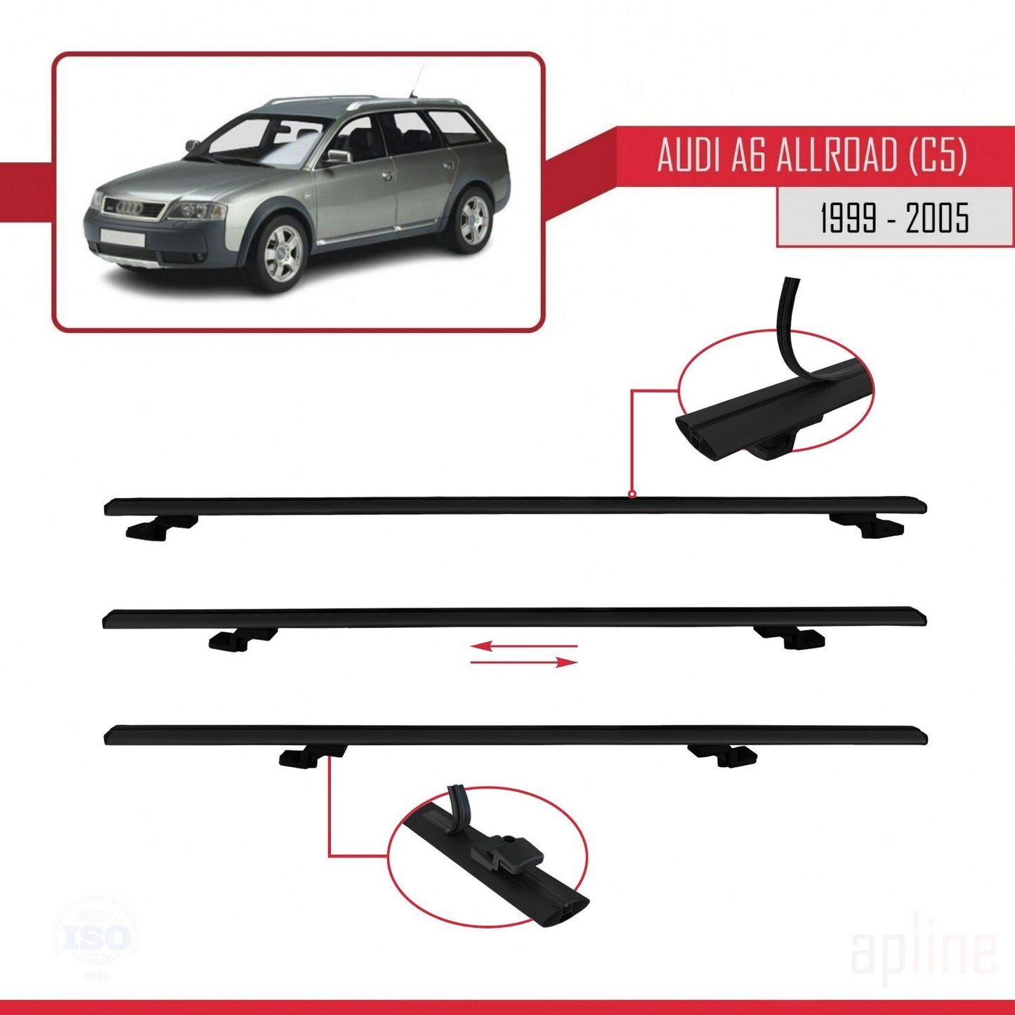 Compatible con A6 (C5) Allroad 1999-2005 BASIC Model Barras de Techo Auto Portaequipajes Barras Transversales Negro Aluminio 3 Barras