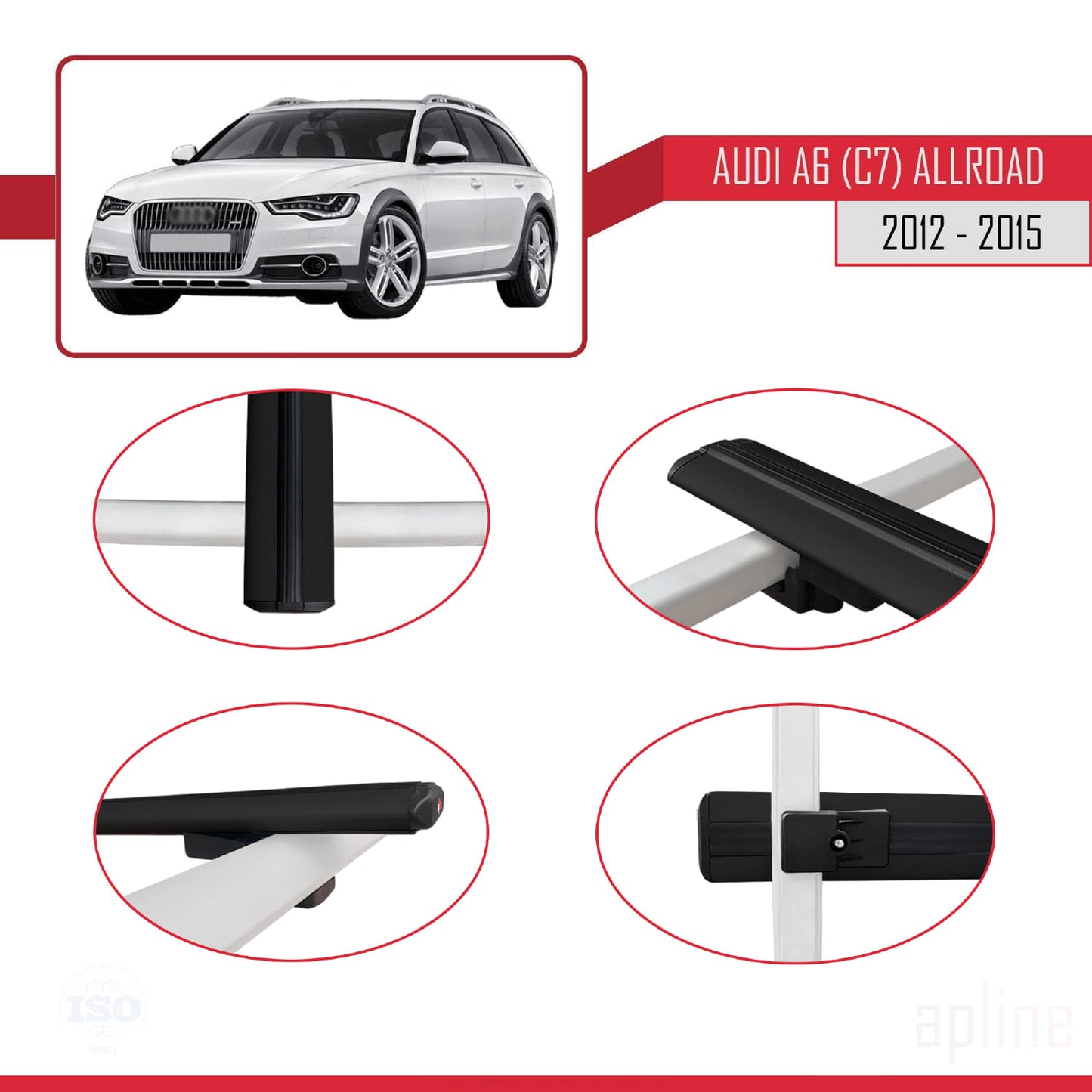 Compatible con A6 (C7) Allroad 2012-2015 BASIC Model Barras de Techo Auto Portaequipajes Barras Transversales Negro Aluminio 2 Barras