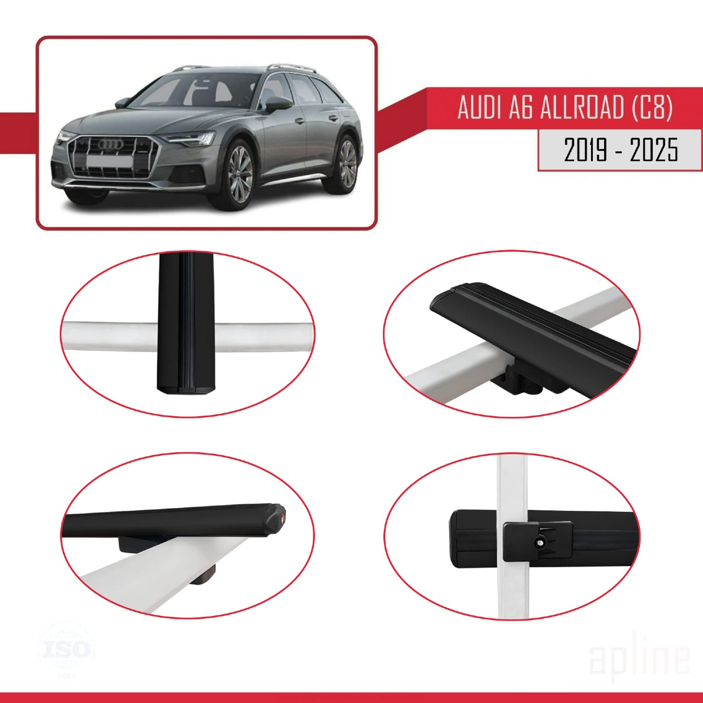 Compatible con A6 (C8) Allroad 2019-2025 BASIC Model Barras de Techo Auto Portaequipajes Barras Transversales Negro Aluminio 2 Barras