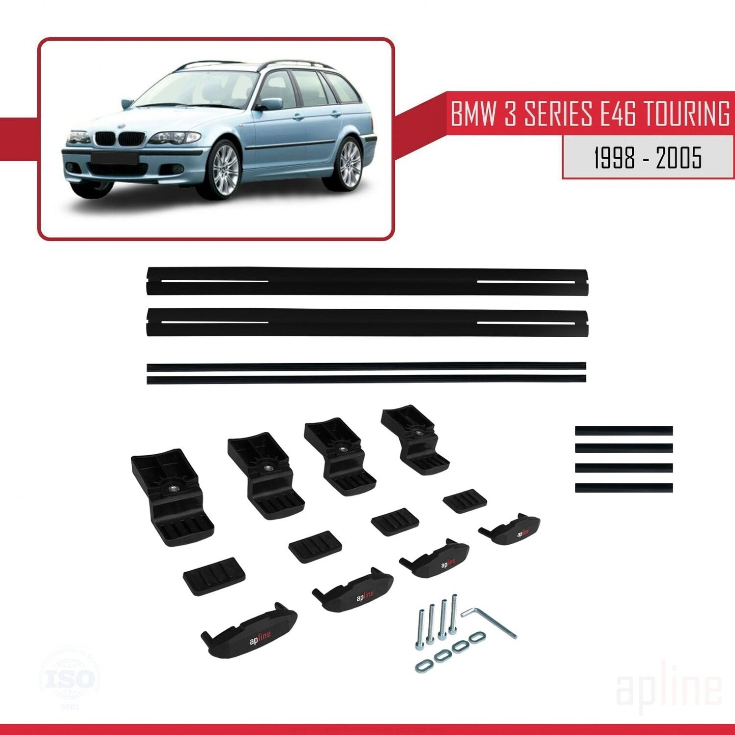 BASIC Model Dakdrager bagagedrager compatibel met BMW Serie 3 (E46) Touring 1999-2005 Spoorstaven Zwart Aluminium 2 Staven