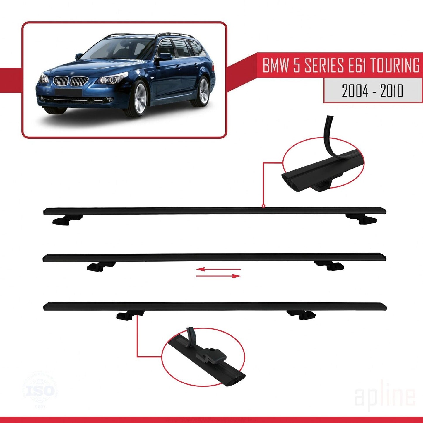 Compatible avec BMW Série 5 (E61) Touring 2004-2010 BASIC Model Barres de Toit Railing Porte-Bagages de Voiture Noir Aluminium 2 Barres