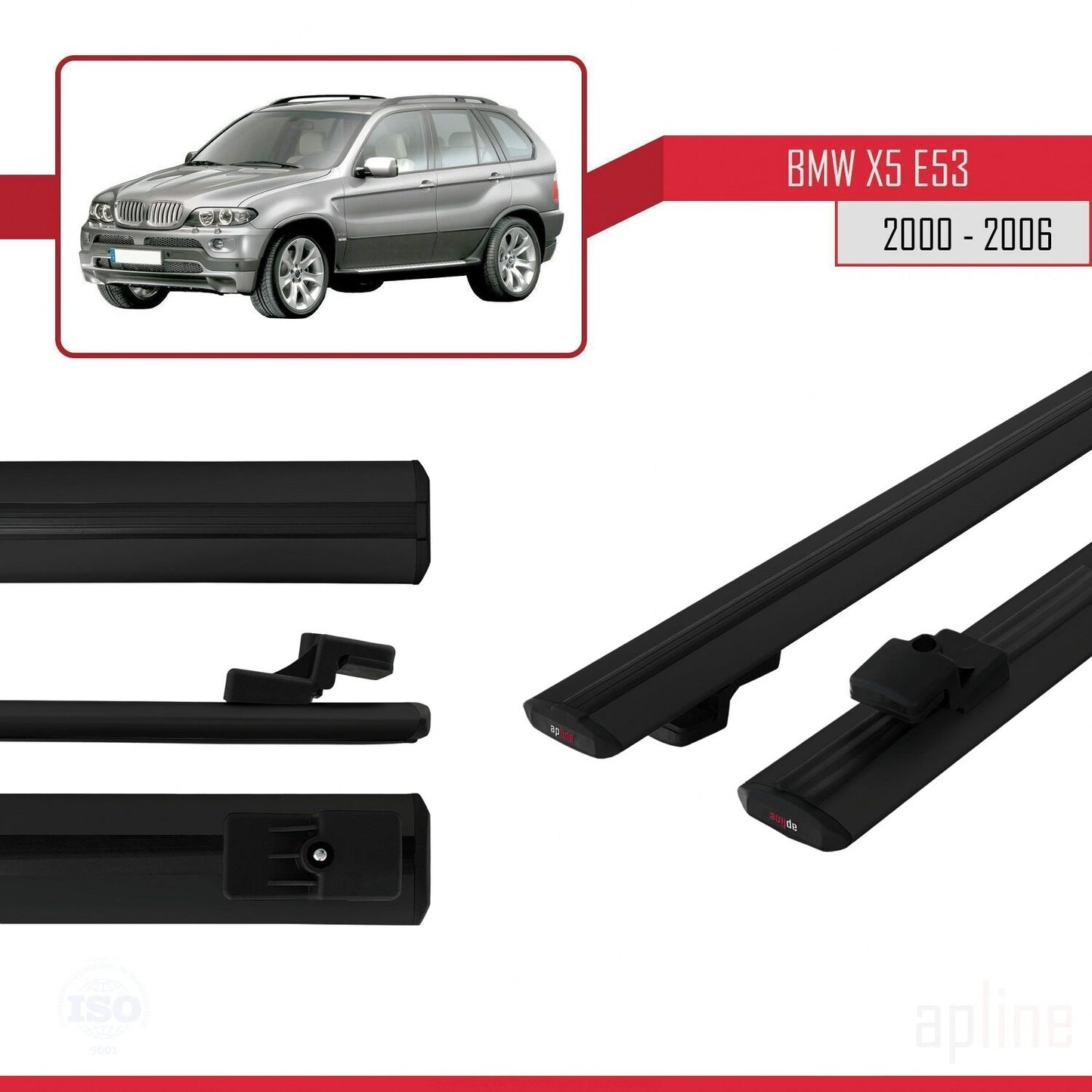 BASIC Model Dakdrager bagagedrager compatibel met BMW X5 (E53) 2000-2006 Spoorstaven Zwart Aluminium 2 Staven