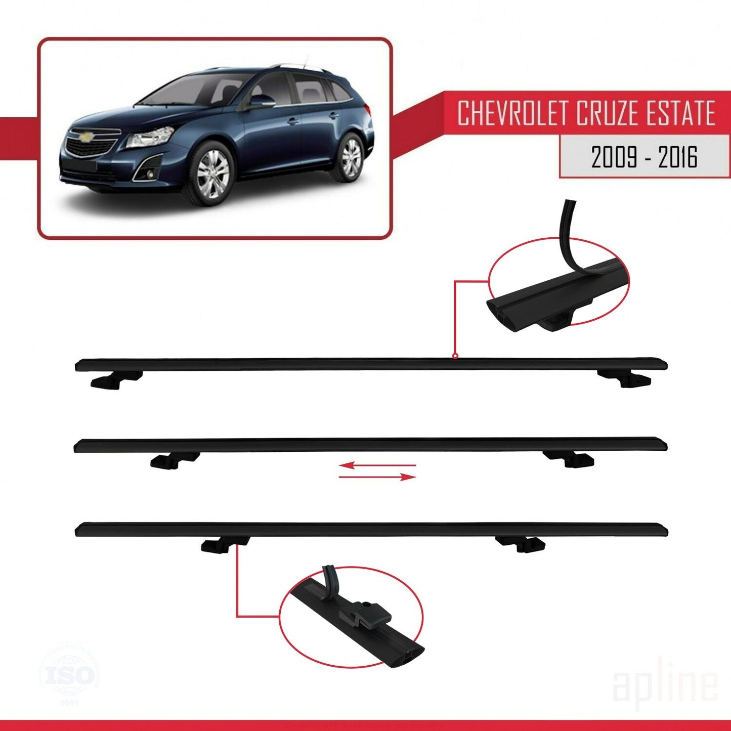 Kompatibel mit Chevrolet Cruze (J300) 2009-2016 Basismodell Dachgepäckträger, schwarzes Aluminium, 2 Stangen