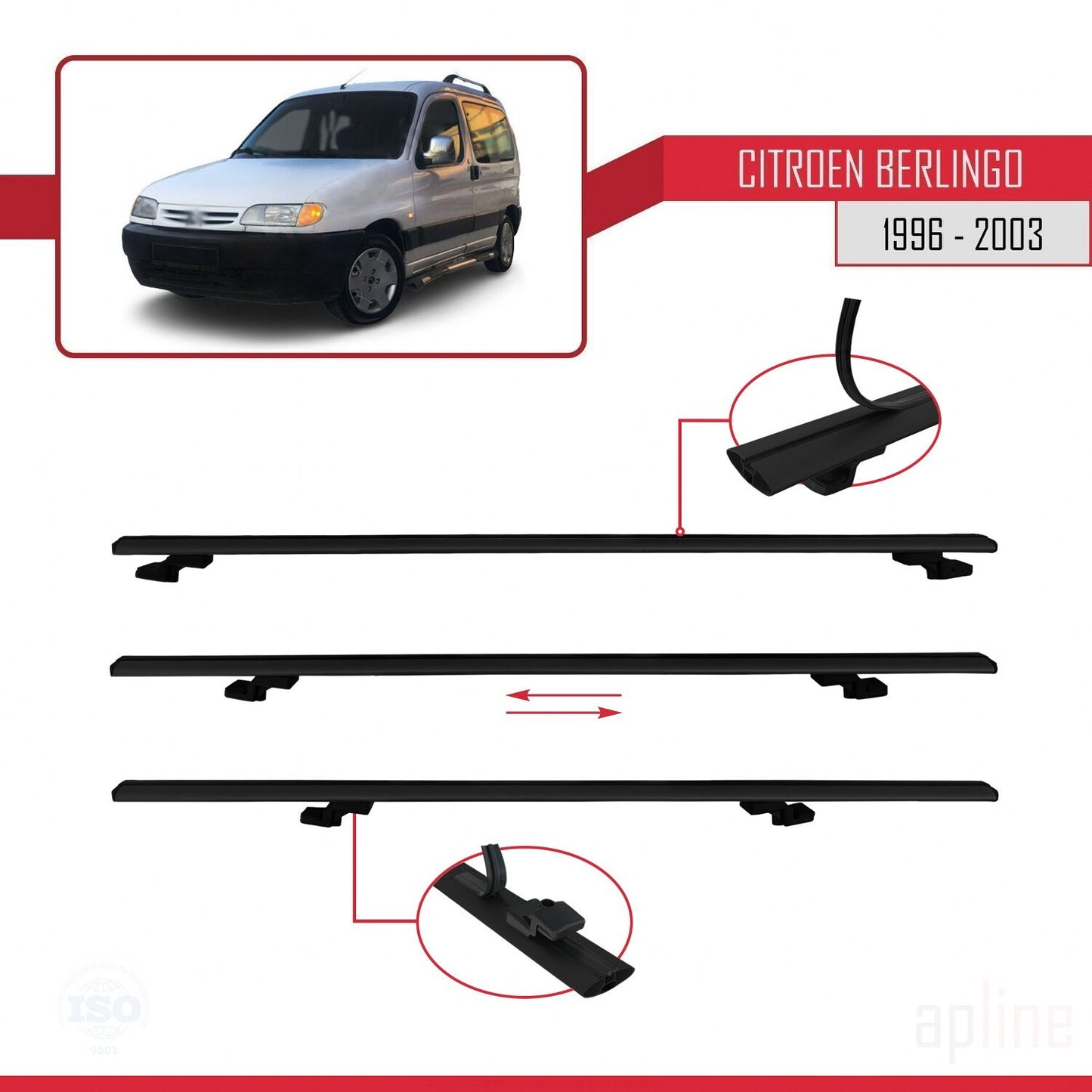 Compatible avec Citroen Berlingo (M49) 1996-2003 BASIC Model Barres de Toit Railing Porte-Bagages de Voiture Noir Aluminium 3 Barres