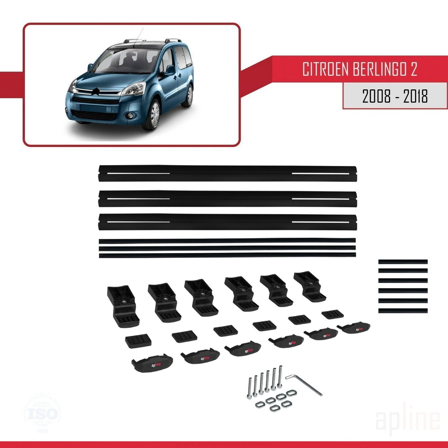 Compatible avec Citroen Berlingo 2 (B9) 2008-2018 BASIC Model Barres de Toit Railing Porte-Bagages de Voiture Noir Aluminium 3 Barres