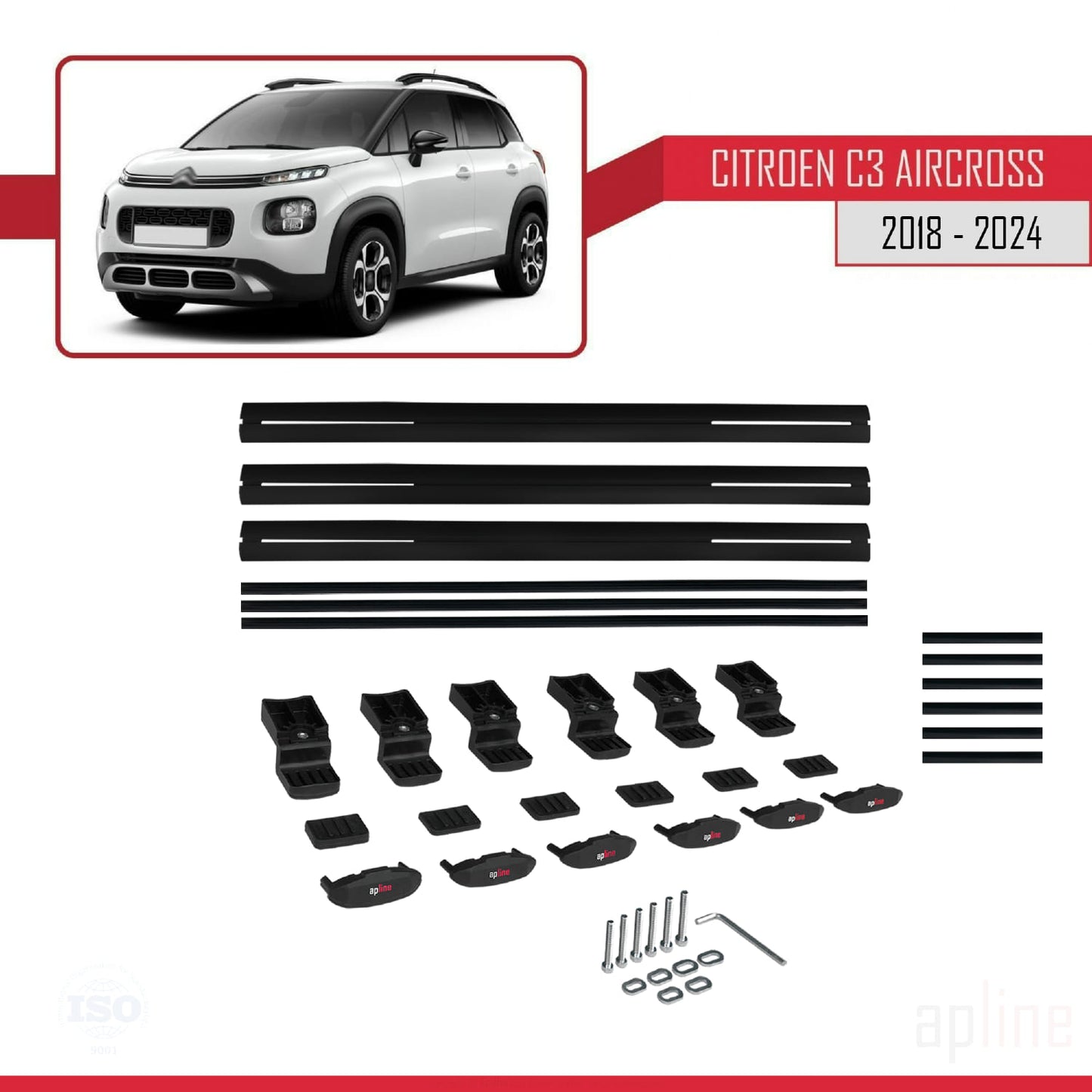 BASIC Model Dakdrager bagagedrager compatibel met Citroen C3 Aircross (A88) 2018-2024 Spoorstaven Zwart Aluminium 3 Staven