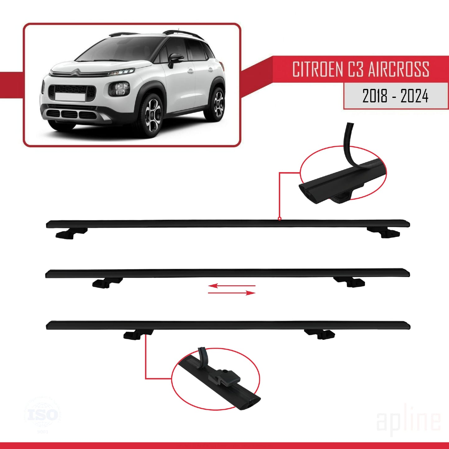 BASIC Model Dakdrager bagagedrager compatibel met Citroen C3 Aircross (A88) 2018-2024 Spoorstaven Zwart Aluminium 3 Staven