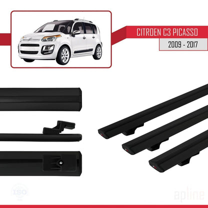 Compatible avec Citroen C3 Picasso 2009-2017 BASIC Model Barres de Toit Railing Porte-Bagages de Voiture Noir Aluminium 3 Barres