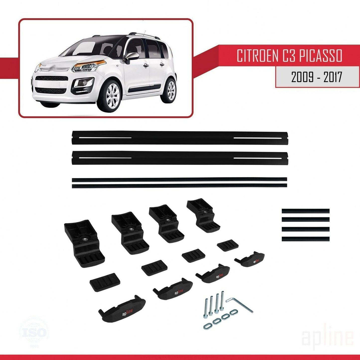 Compatible con Citroen C3 Picasso 2009-2017 BASIC Model Barras de Techo Auto Portaequipajes Barras Transversales Negro Aluminio 2 Barras
