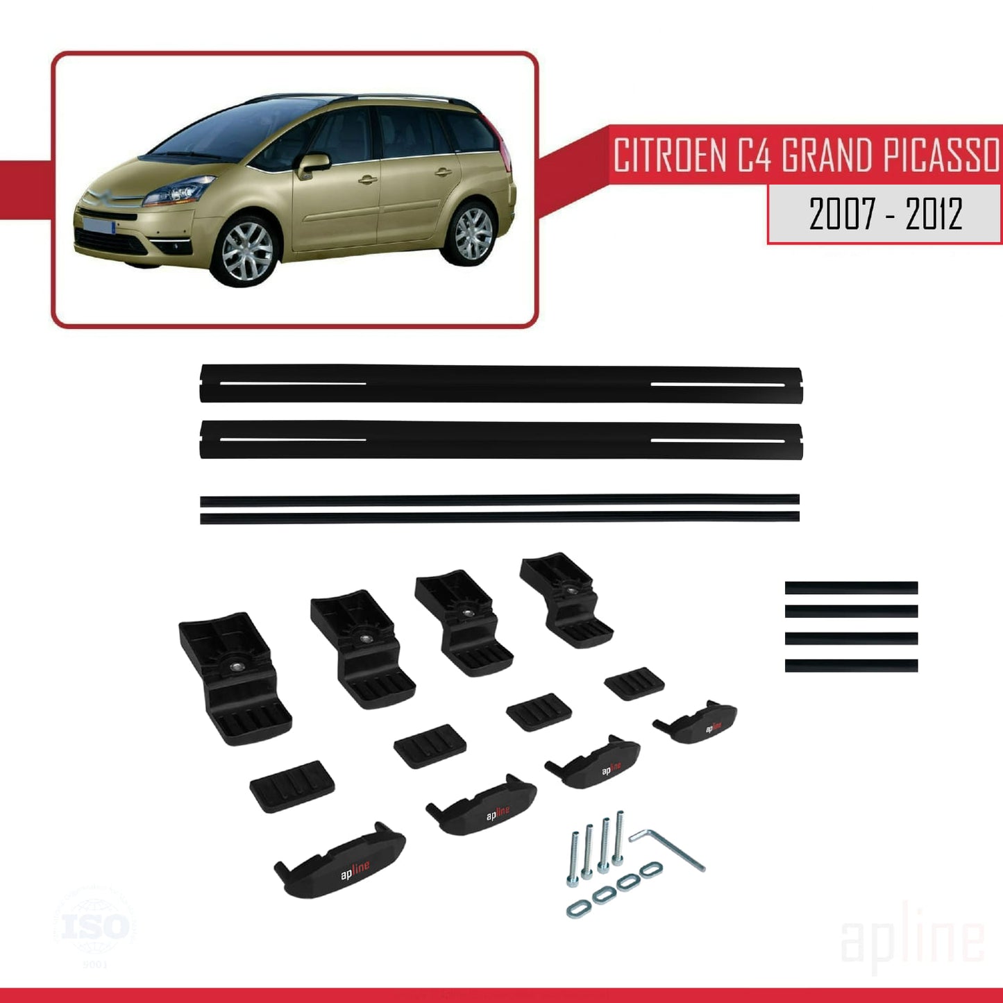 Kompatibel mit Citroen Grand C4 Picasso 2007-2012 Basismodell Dachgepäckträger, schwarzes Aluminium, 2 Stangen