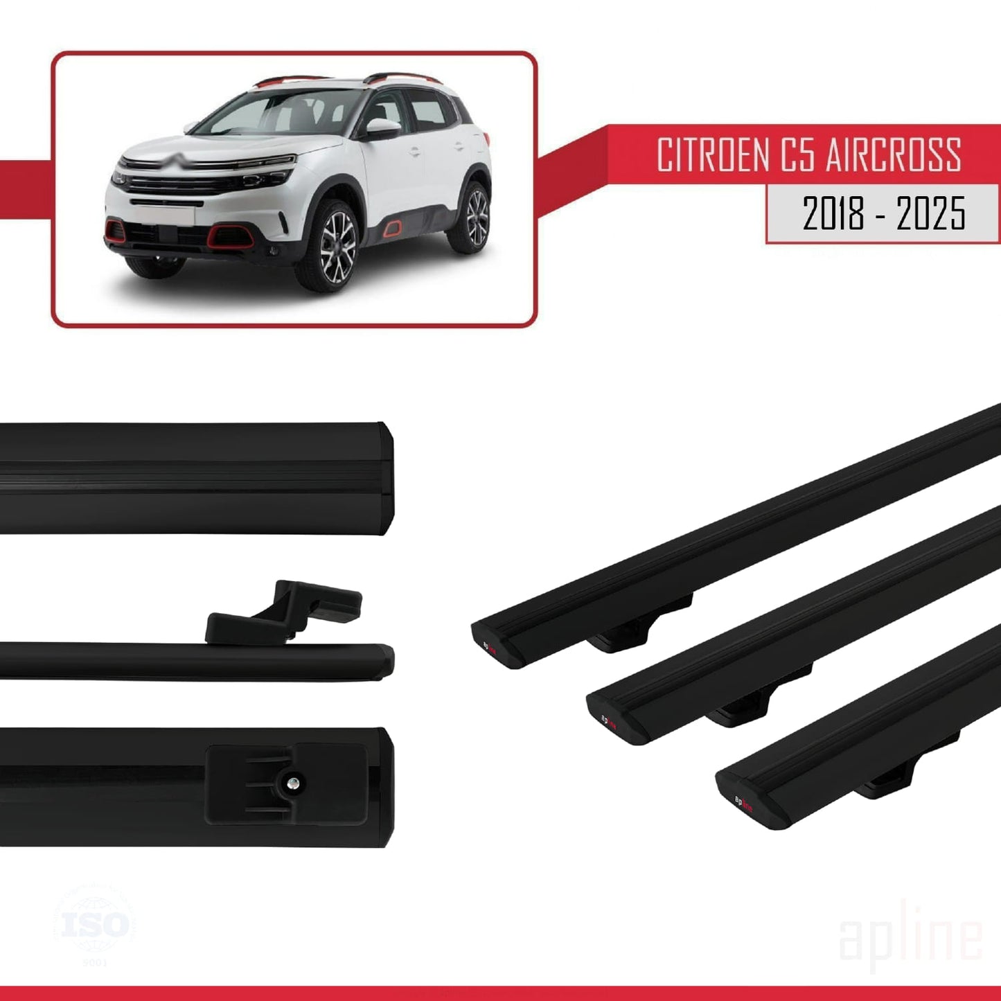 Compatibile con Citroen C5 Aircross 2018-2025 BASIC Model Barre Tetto Portapacchi Auto Barre Portatutto Nero Alluminio 3 Barre