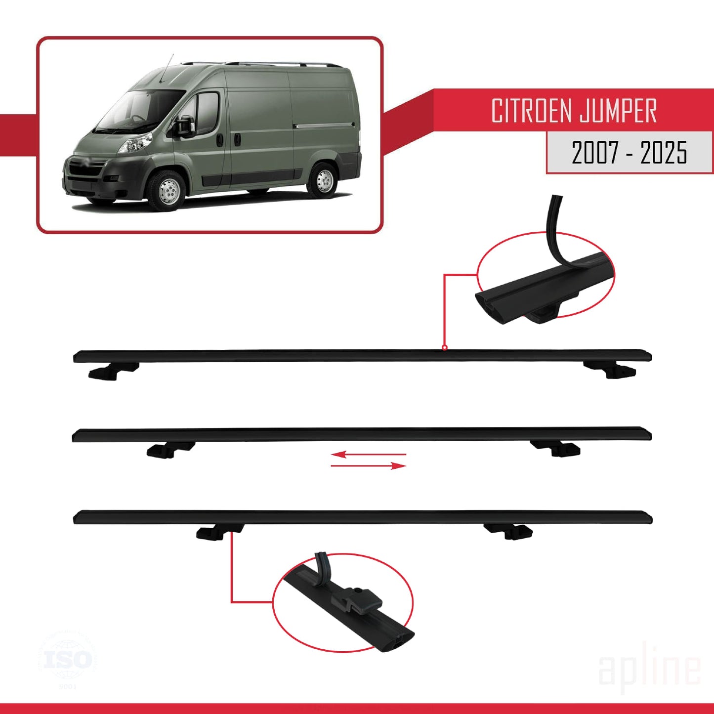 Compatible avec Citroen Jumper 2 2007-2025 BASIC Model Barres de Toit Railing Porte-Bagages de Voiture Noir Aluminium 2 Barres