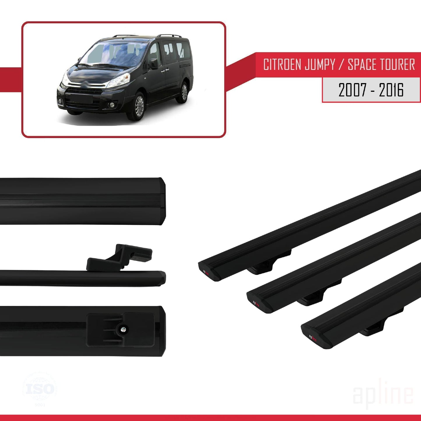 Compatible avec Citroen Jumpy 2 (G9) 2007-2016 BASIC Model Barres de Toit Railing Porte-Bagages de Voiture Noir Aluminium 3 Barres