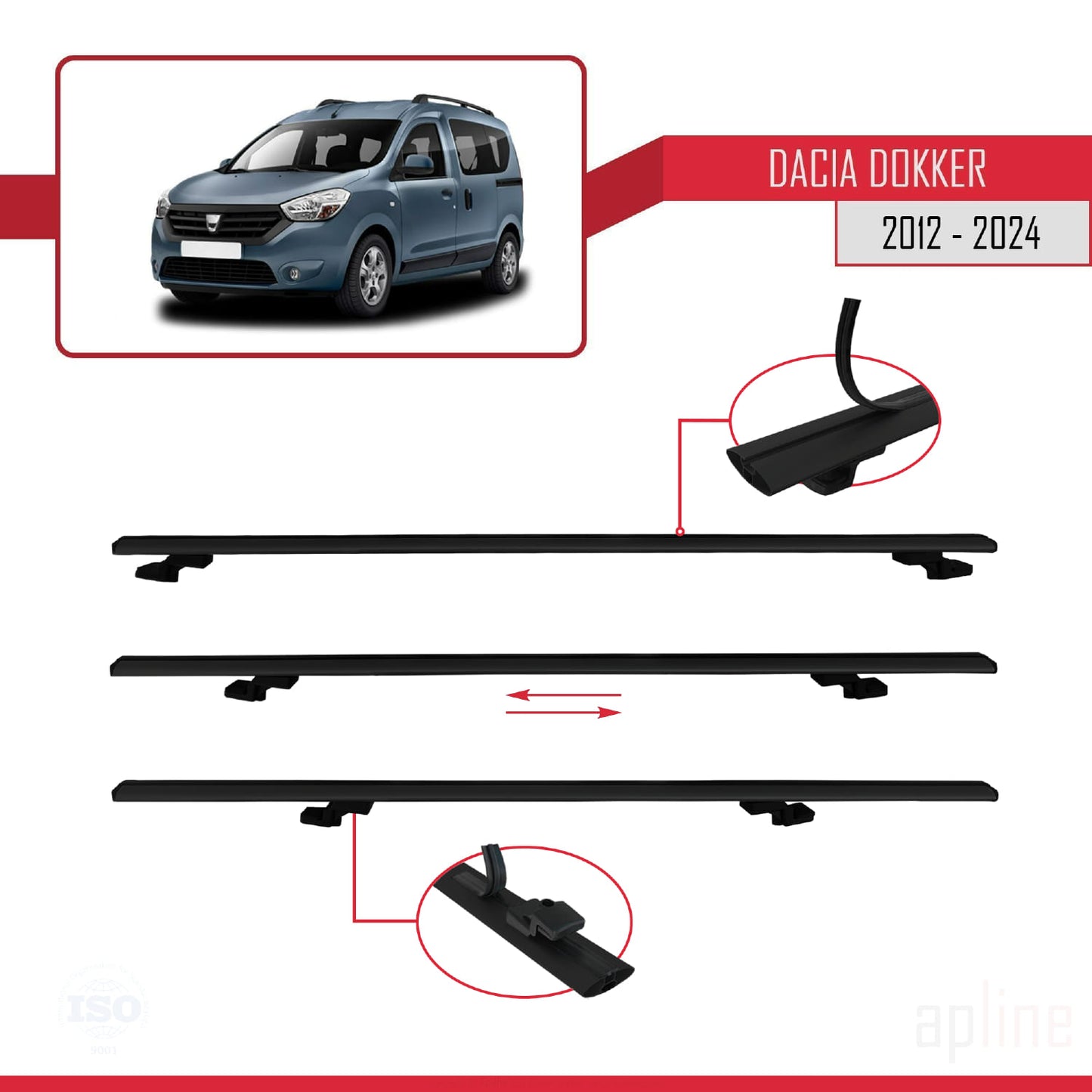 Compatible avec Dacia Dokker (K67) 2012-2024 BASIC Model Barres de Toit Railing Porte-Bagages de Voiture Noir Aluminium 2 Barres