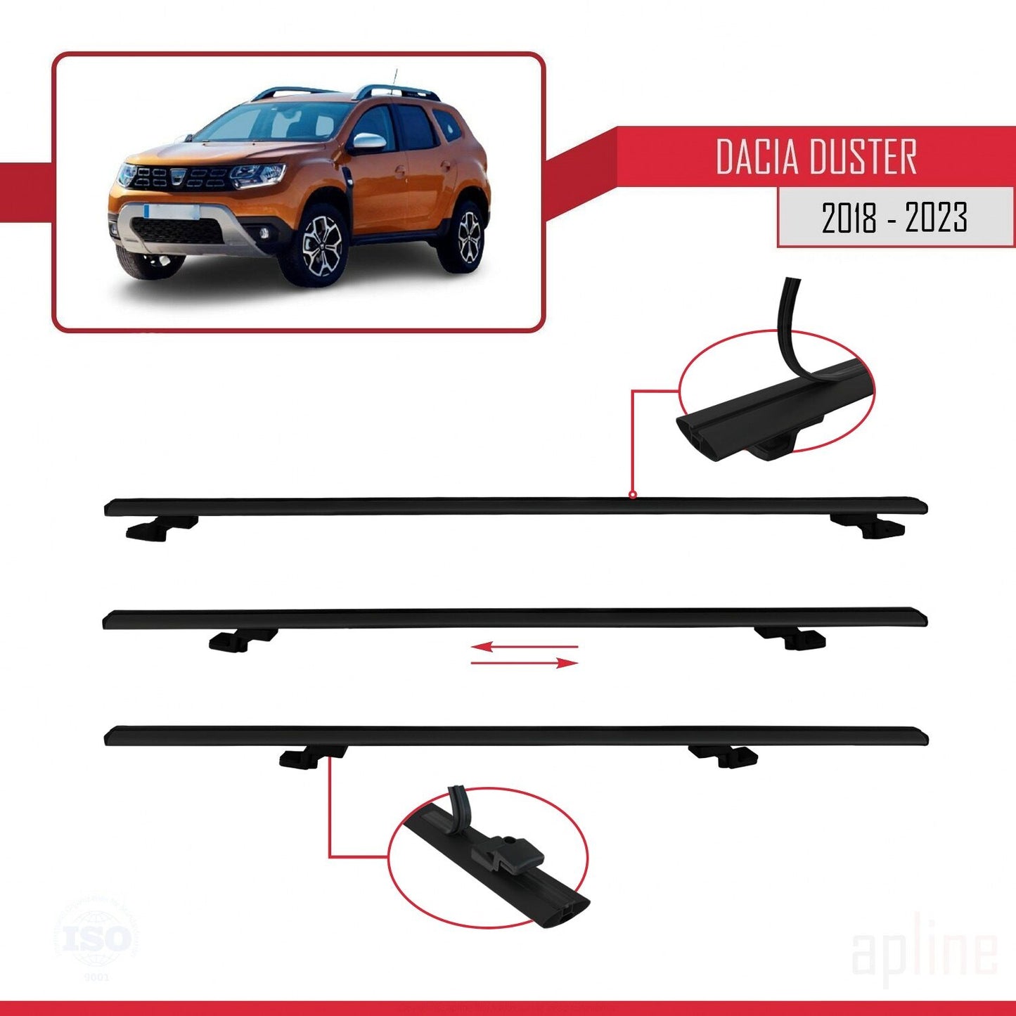 Compatibile con Dacia Duster 2 (HM) 2018-2024 modello BASIC Barre portatutto per auto Portapacchi in alluminio nero 3 barre