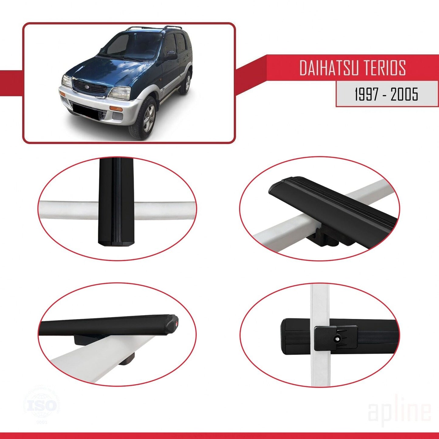 Compatible avec Daihatsu Terios (J100) 1997-2005 BASIC Model Barres de Toit Railing Porte-Bagages de Voiture Noir Aluminium 2 Barres