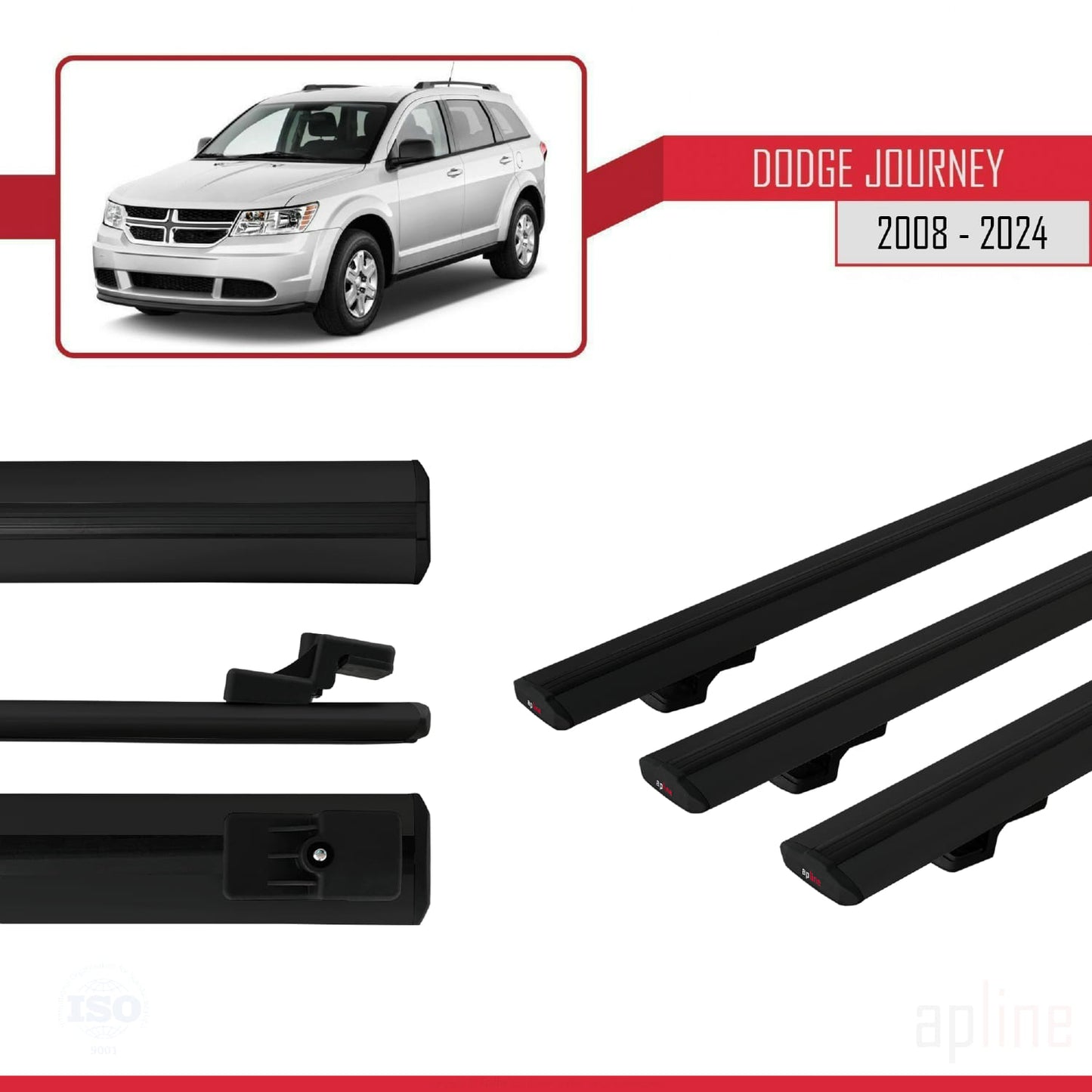 Kompatibel mit Dodge Journey 2008-2024 Basismodell Dachgepäckträger, schwarzes Aluminium, 3 Stangen