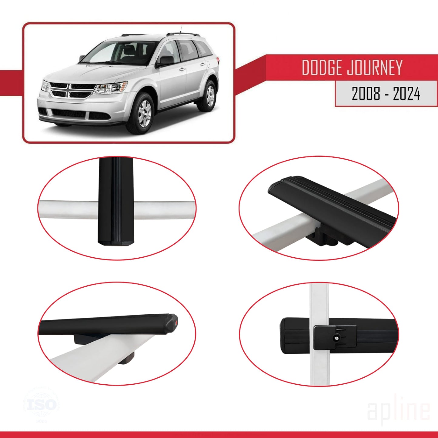 Kompatibel mit Dodge Journey 2008-2024 Basismodell Dachgepäckträger, schwarzes Aluminium, 2 Stangen
