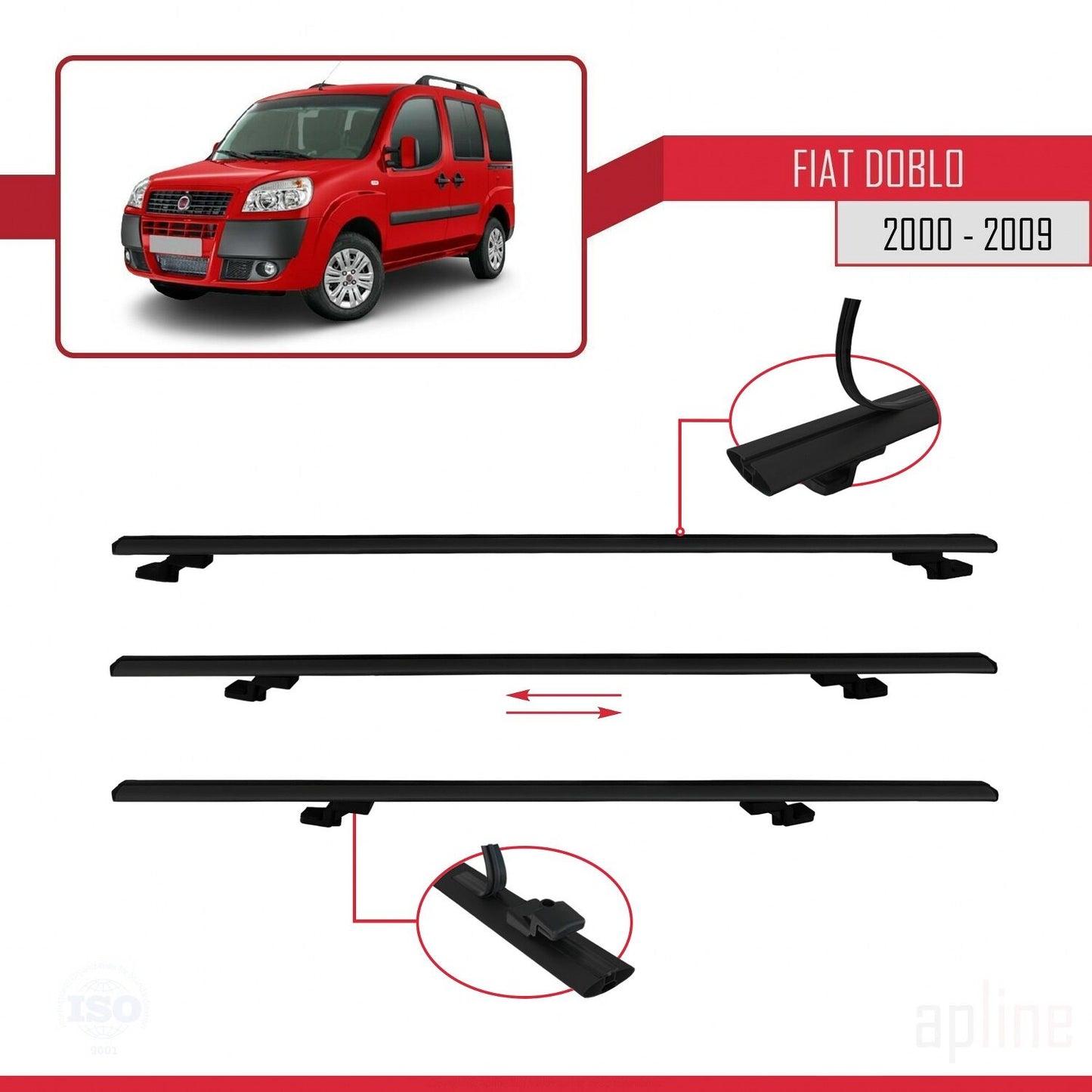 Compatibile con Fiat Doblo 2000-2009 modello BASIC Barre portatutto Railing Portapacchi per auto Alluminio nero 3 barre