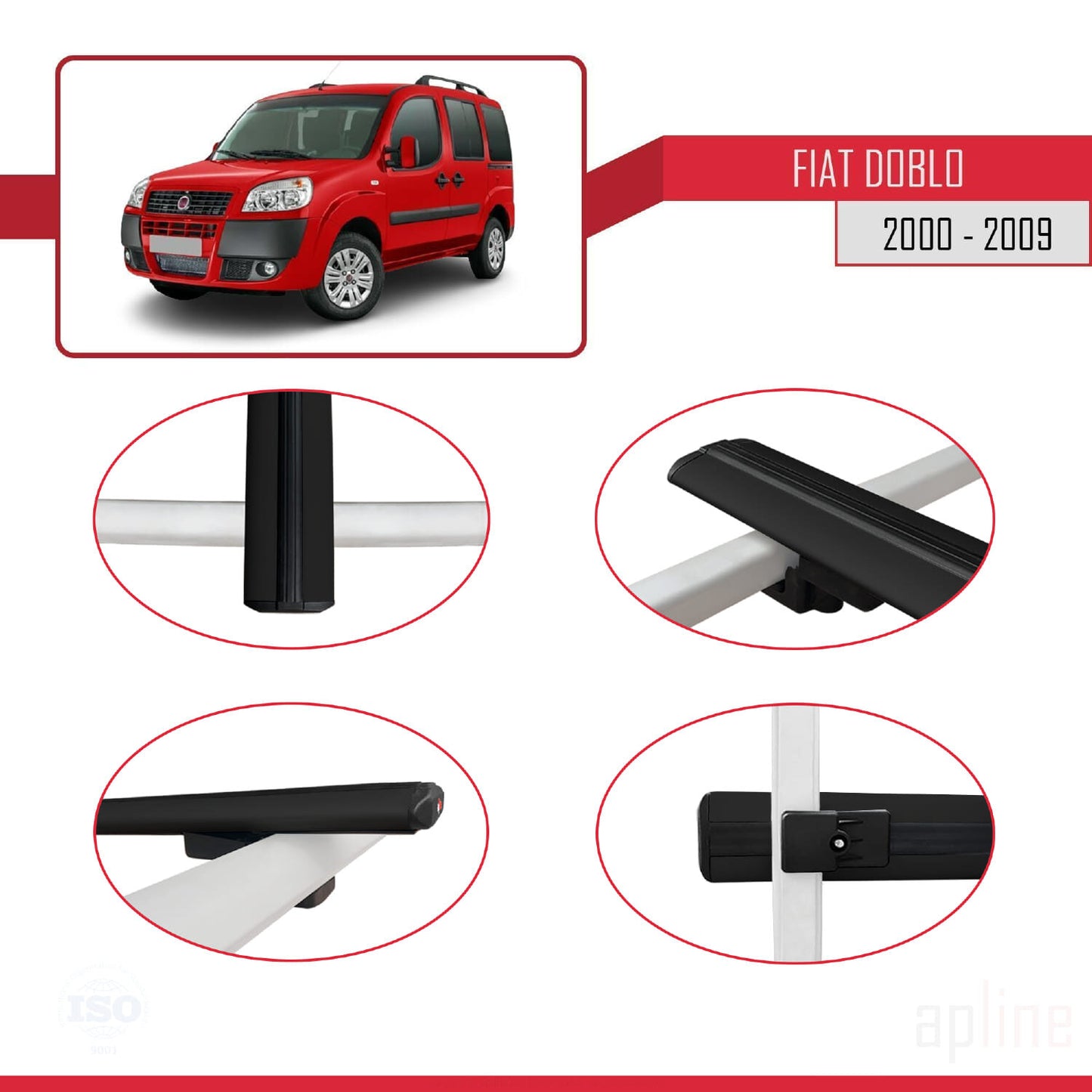 Compatibile con Fiat Doblo 2000-2009 modello BASIC Barre portatutto Railing Portapacchi per auto Alluminio nero 4 barre