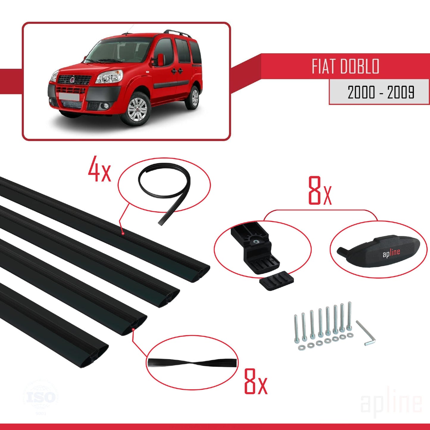 Compatibile con Fiat Doblo 2000-2009 modello BASIC Barre portatutto Railing Portapacchi per auto Alluminio nero 4 barre
