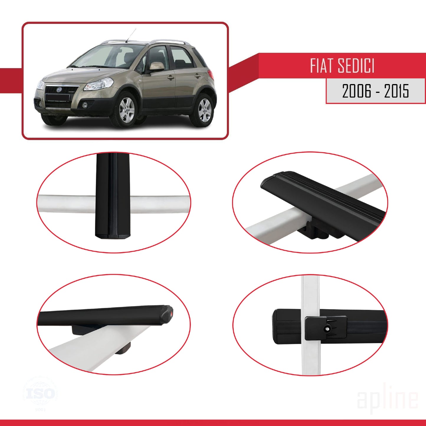 Compatible avec Fiat Sedici 2006-2015 BASIC Model Barres de Toit Railing Porte-Bagages de Voiture Noir Aluminium 3 Barres