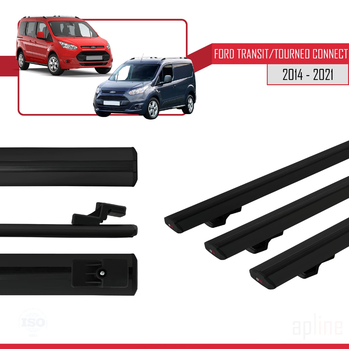 Compatible avec Ford Transit/Tourneo Connect 2 2014-2021 BASIC Model Barres de Toit Railing Porte-Bagages de Voiture Noir Aluminium 3 Barres