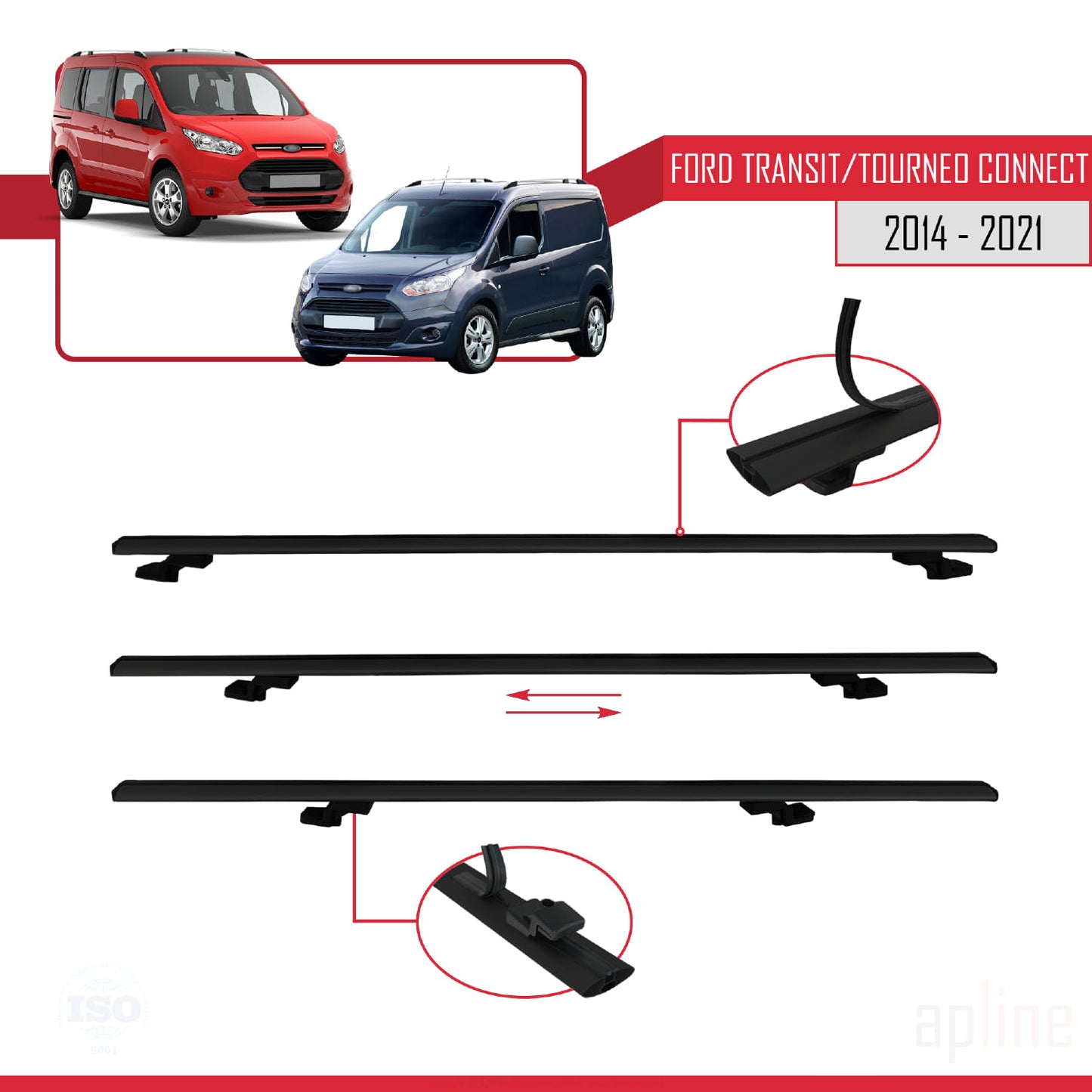 Compatible avec Ford Transit/Tourneo Connect 2 2014-2021 BASIC Model Barres de Toit Railing Porte-Bagages de Voiture Noir Aluminium 4 Barres