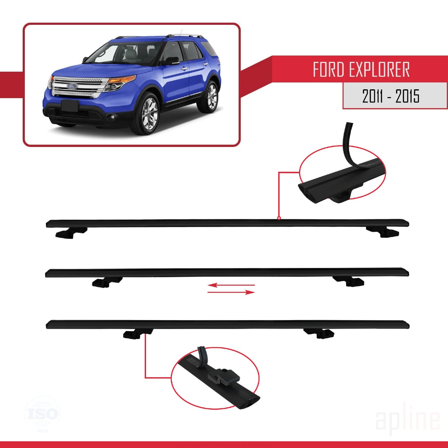 Compatible avec Ford Explorer 5 (U502) Pre-Facelift 2011-2015 BASIC Model Barres de Toit Railing Porte-Bagages de Voiture Noir Aluminium 4 Barres