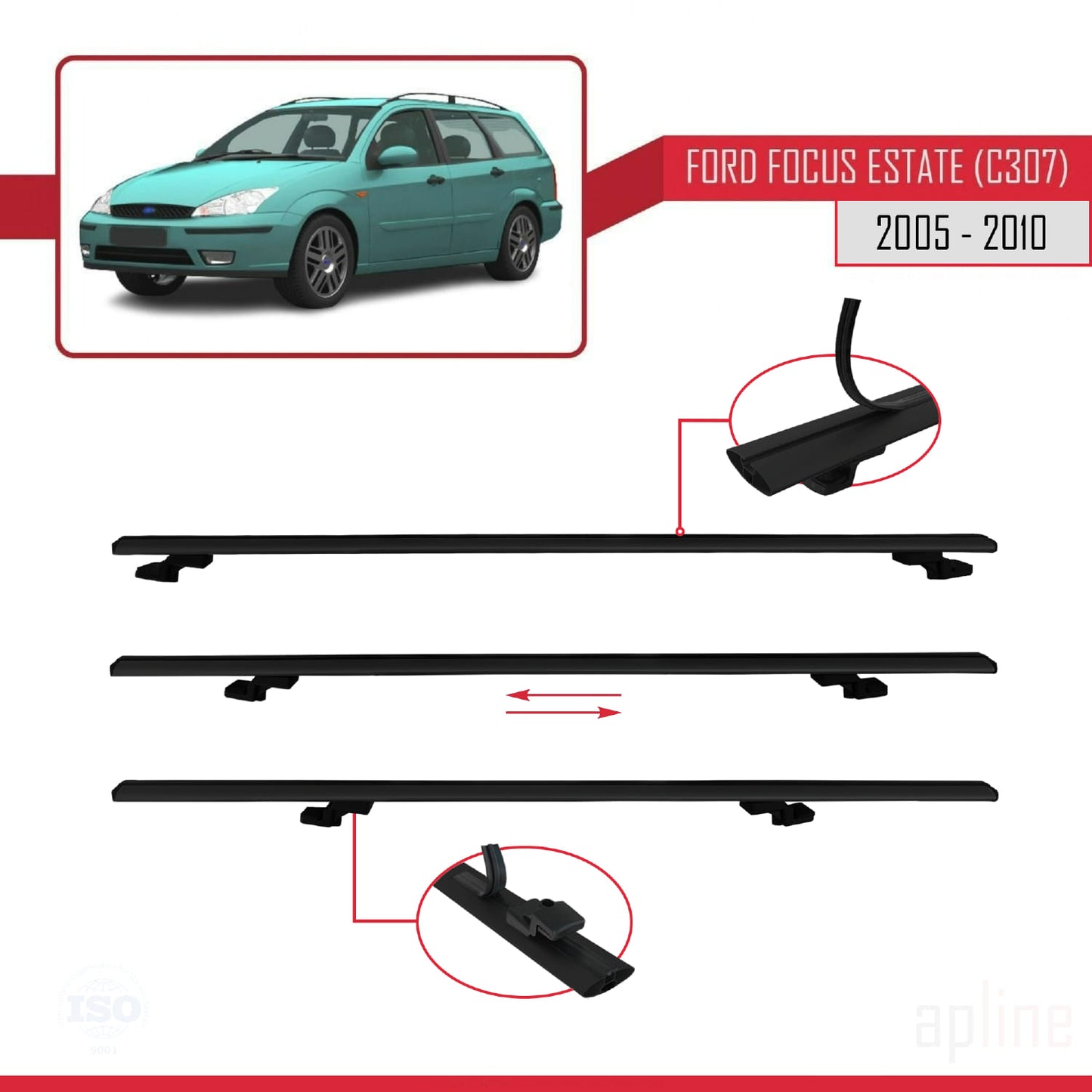 Compatible con Ford Focus 2 (C307) Familiar 2005-2010 BASIC Model Barras de Techo Auto Portaequipajes Barras Transversales Negro Aluminio 2 Barras