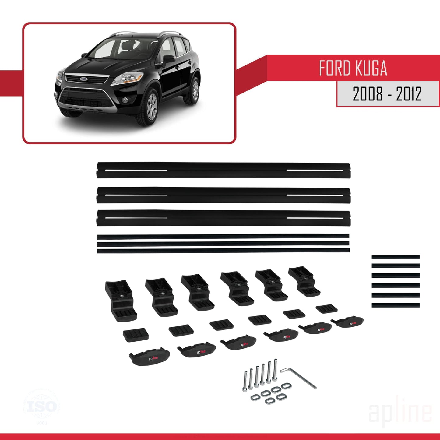 BASIC Model Dakdrager bagagedrager compatibel met Ford Kuga (C394) 2008-2012 Spoorstaven Zwart Aluminium 3 Staven