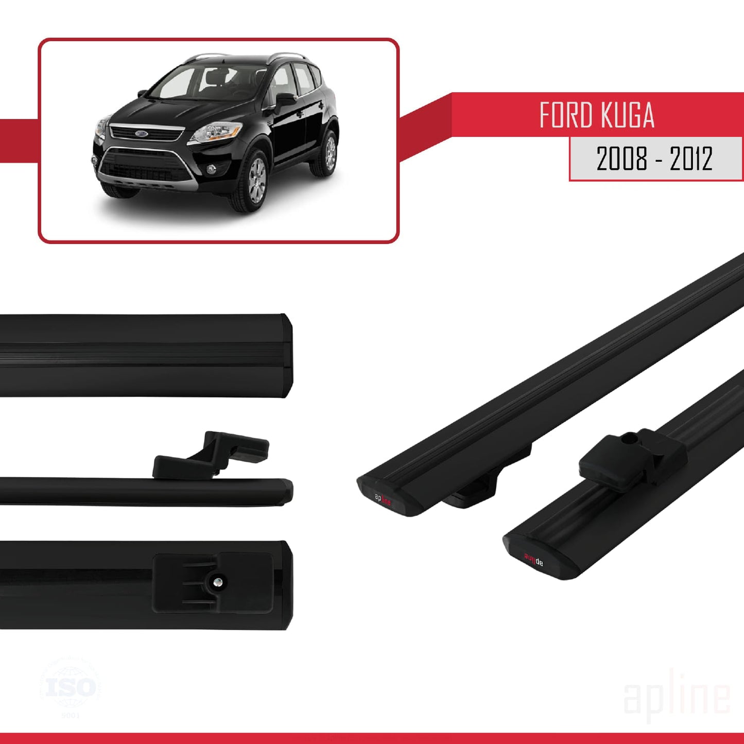 BASIC Model Dakdrager bagagedrager compatibel met Ford Kuga (C394) 2008-2012 Spoorstaven Zwart Aluminium 2 Staven