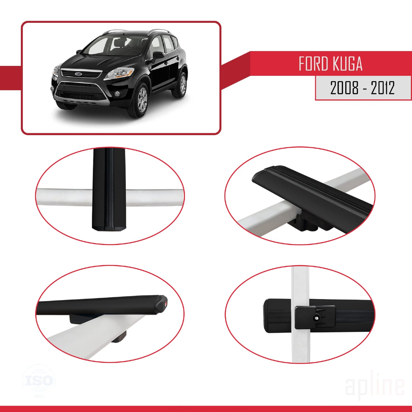 BASIC Model Dakdrager bagagedrager compatibel met Ford Kuga (C394) 2008-2012 Spoorstaven Zwart Aluminium 2 Staven