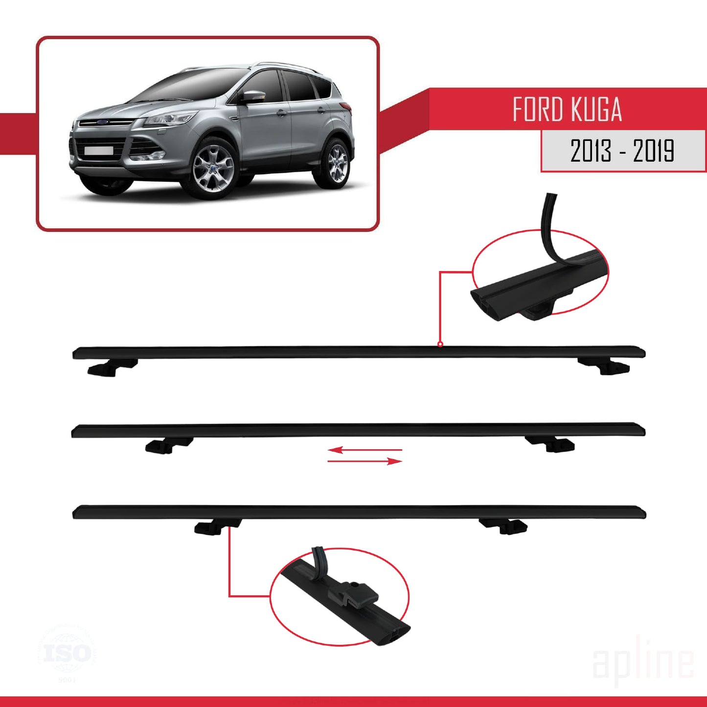 Kompatibel mit Ford Kuga 2 (C520) 2013-2019 BASIC Model Relingträger Dachträger Auto Gepäckträger Schwarz Aluminium 2 Stangen