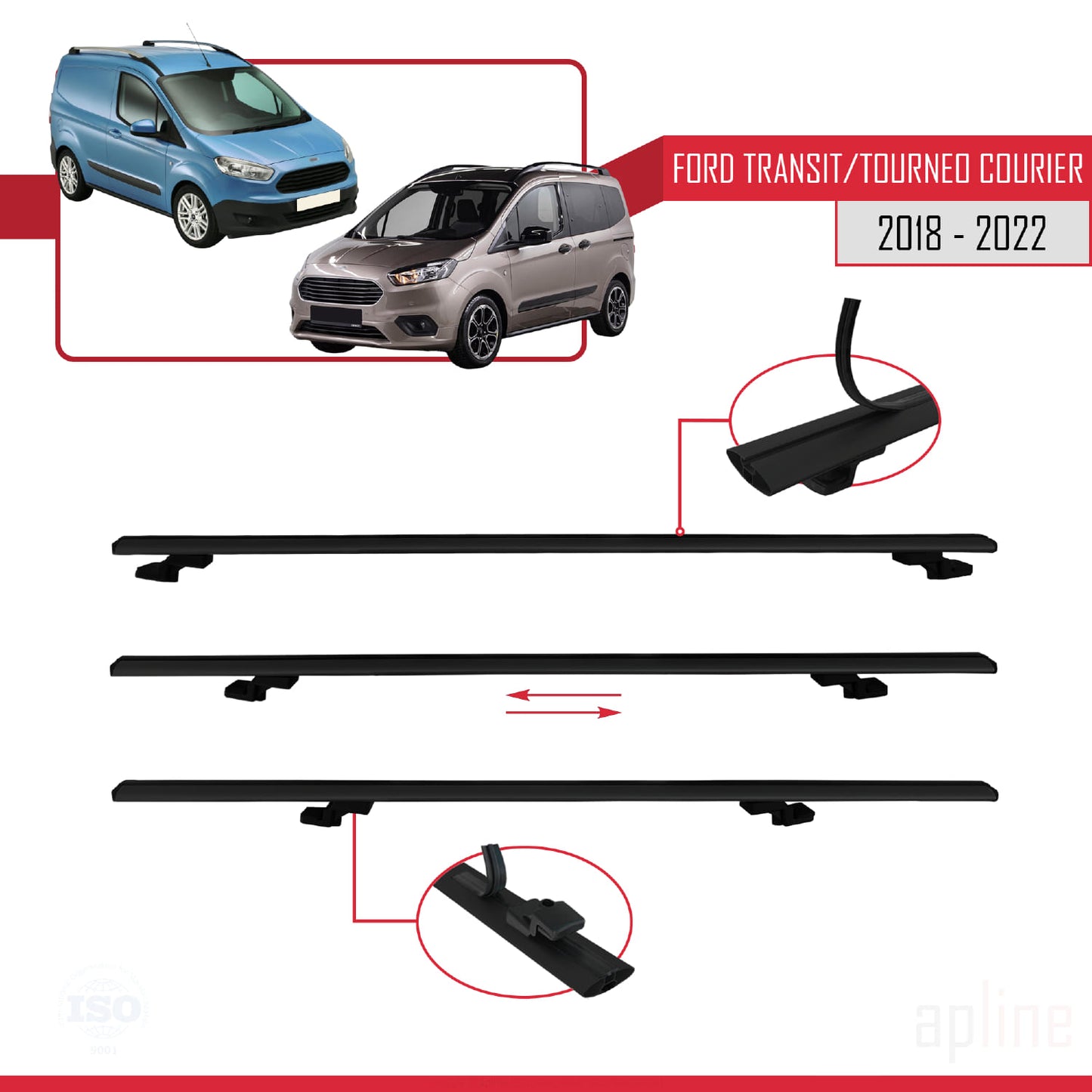 Compatible avec Ford Transit/Tourneo Courier Post-Facelift 2018-2022 BASIC Model Barres de Toit Railing Porte-Bagages de Voiture Noir Aluminium 4 Barres