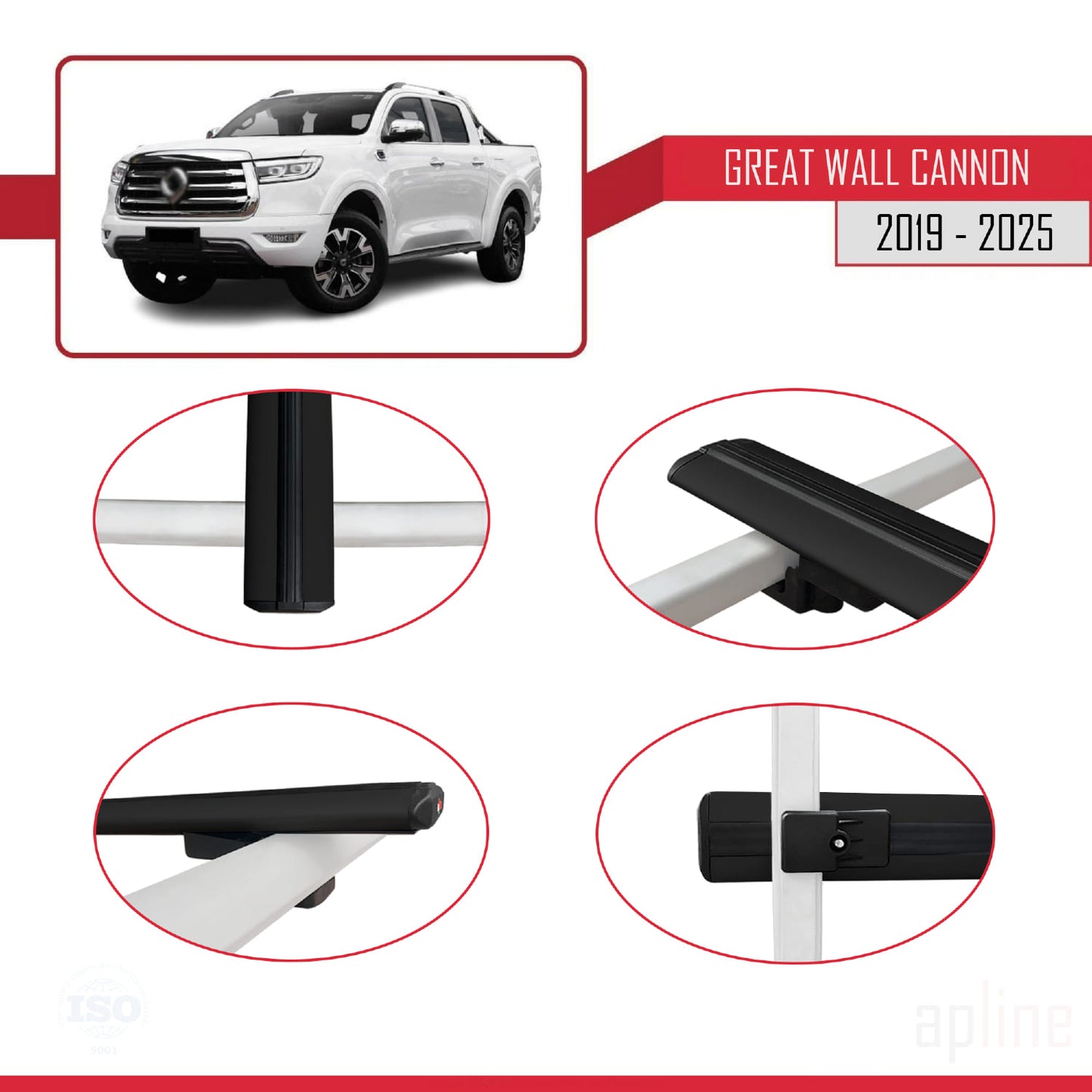 Compatible con Great Wall Cannon 2019-2025 BASIC Model Barras de Techo Auto Portaequipajes Barras Transversales Negro Aluminio 3 Barras