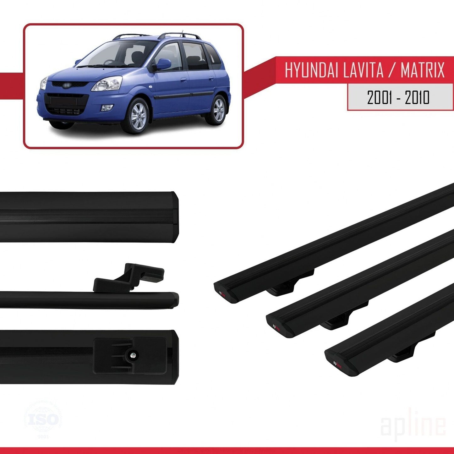 Compatible avec Hyundai Matrix (FC) 2001-2010 BASIC Model Barres de Toit Railing Porte-Bagages de Voiture Noir Aluminium 3 Barres