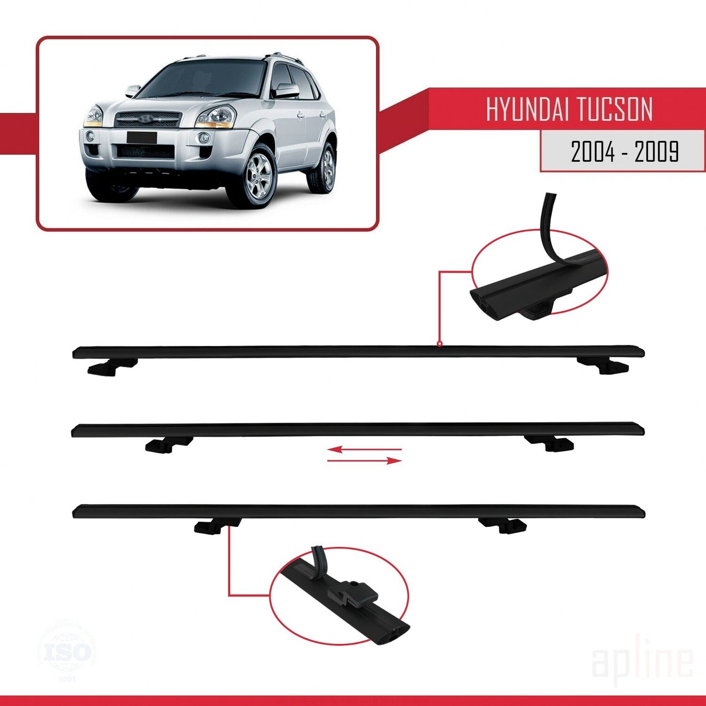 Compatible avec Hyundai Tucson (JM) 2004-2009 BASIC Model Barres de Toit Railing Porte-Bagages de Voiture Noir Aluminium 2 Barres