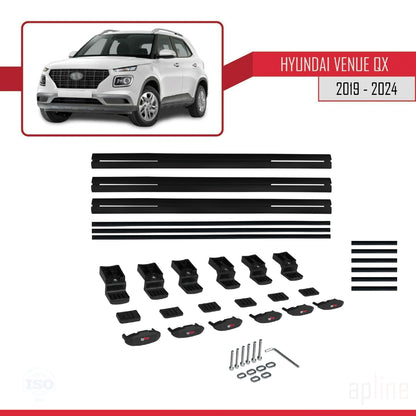 Compatible avec Hyundai Venue (QX) 2019-2024 BASIC Model Barres de Toit Railing Porte-Bagages de Voiture Noir Aluminium 3 Barres