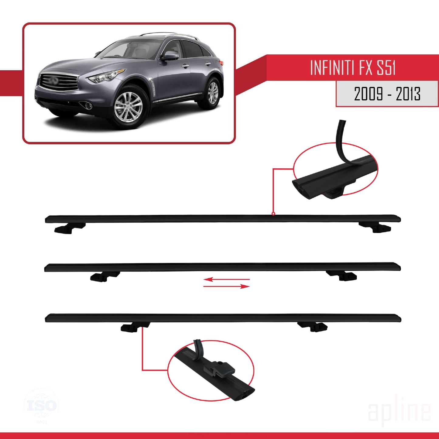 Compatible avec Infiniti FX 2 (S51) 2009-2013 BASIC Model Barres de Toit Railing Porte-Bagages de Voiture Noir Aluminium 3 Barres