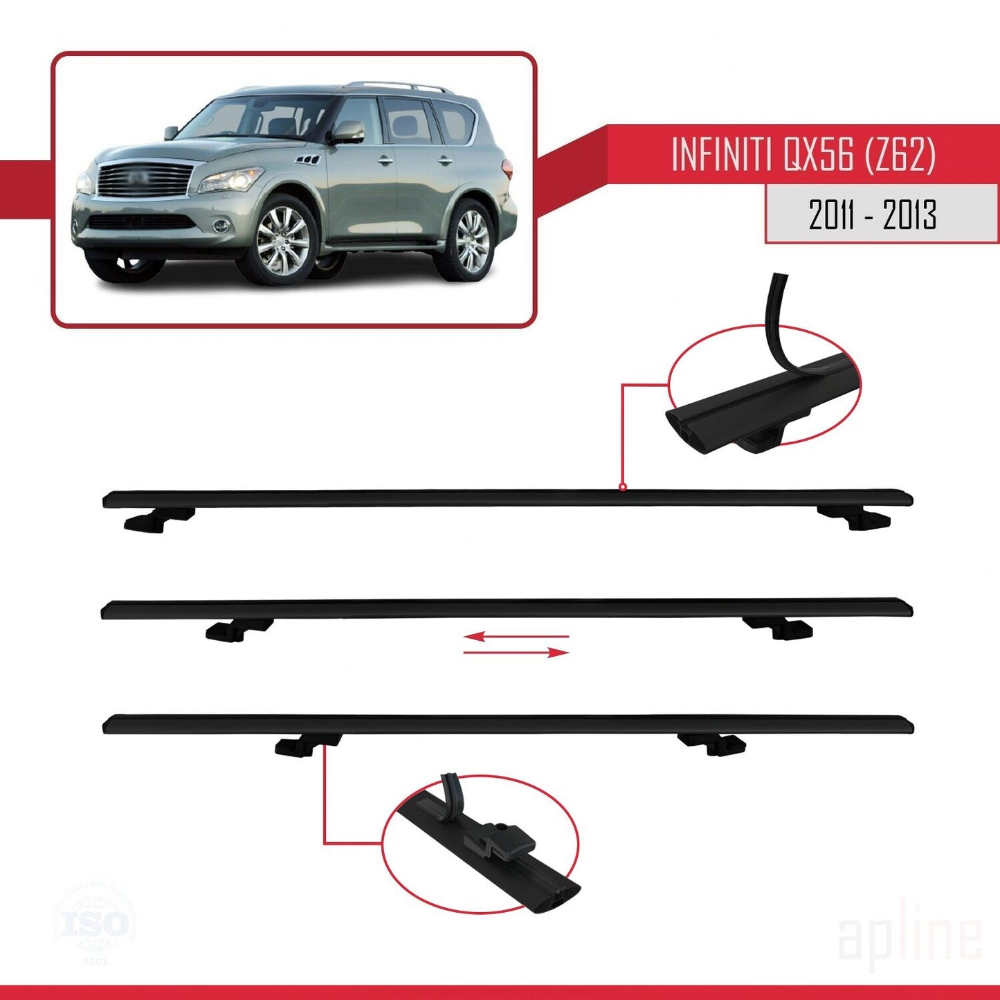 Compatible avec IInfiniti QX56 (Z62) 2011-2013 BASIC Model Barres de Toit Railing Porte-Bagages de Voiture Noir Aluminium 3 Barres