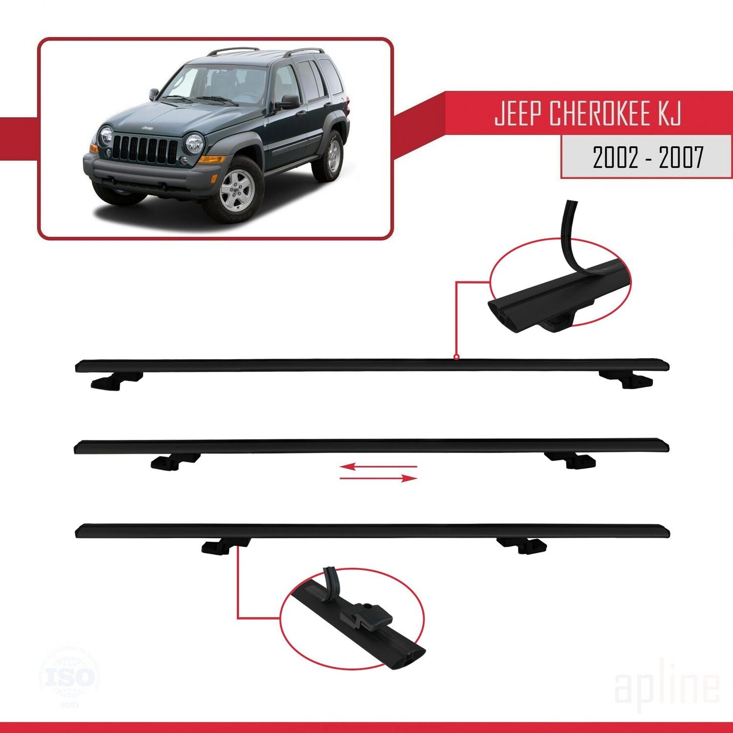 Compatible avec Jeep Cherokee 3 (KJ) 2002-2007 BASIC Model Barres de Toit Railing Porte-Bagages de Voiture Noir Aluminium 3 Barres
