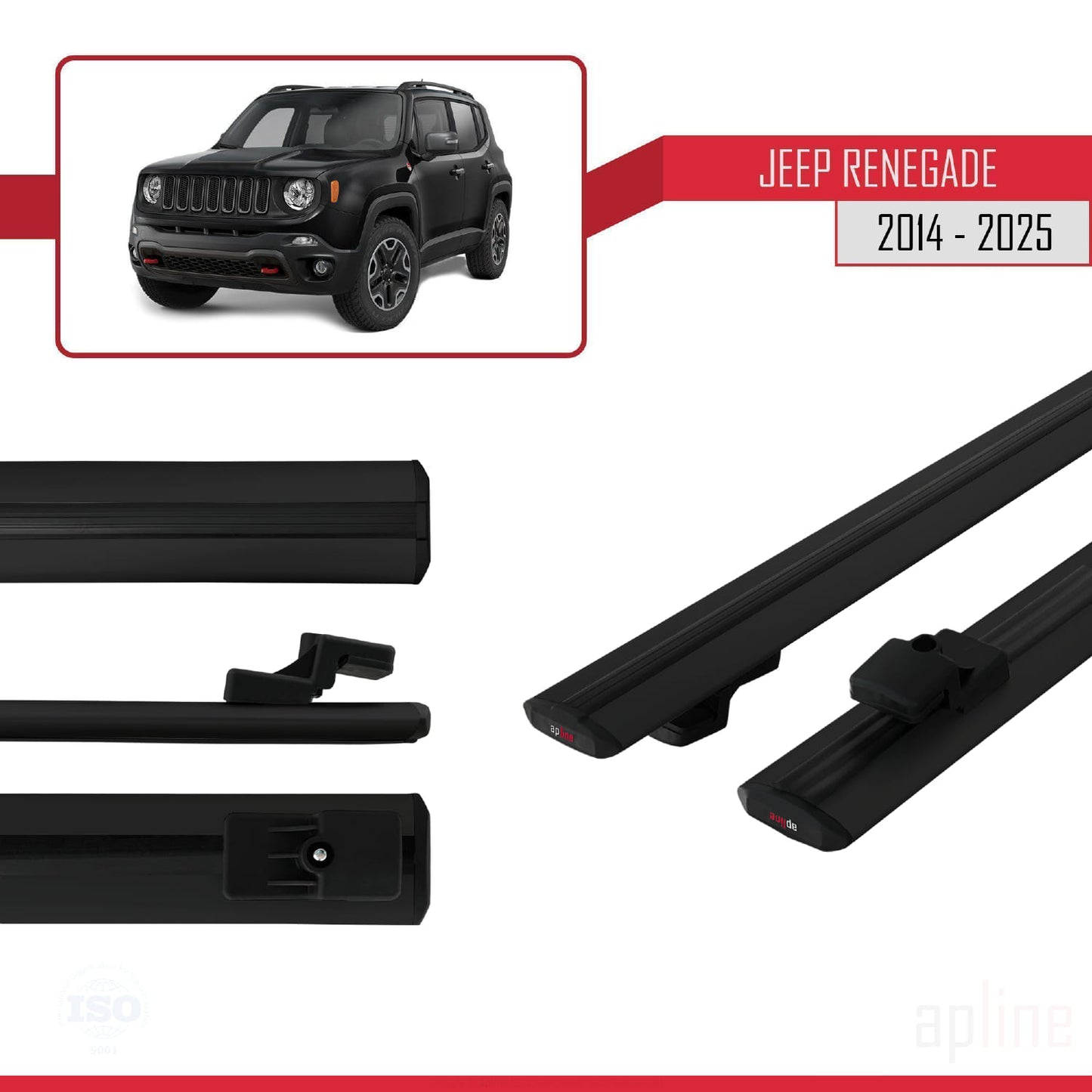 Compatible avec Jeep Renegade (BU) 2014-2025 BASIC Model Barres de Toit Railing Porte-Bagages de Voiture Noir Aluminium 2 Barres