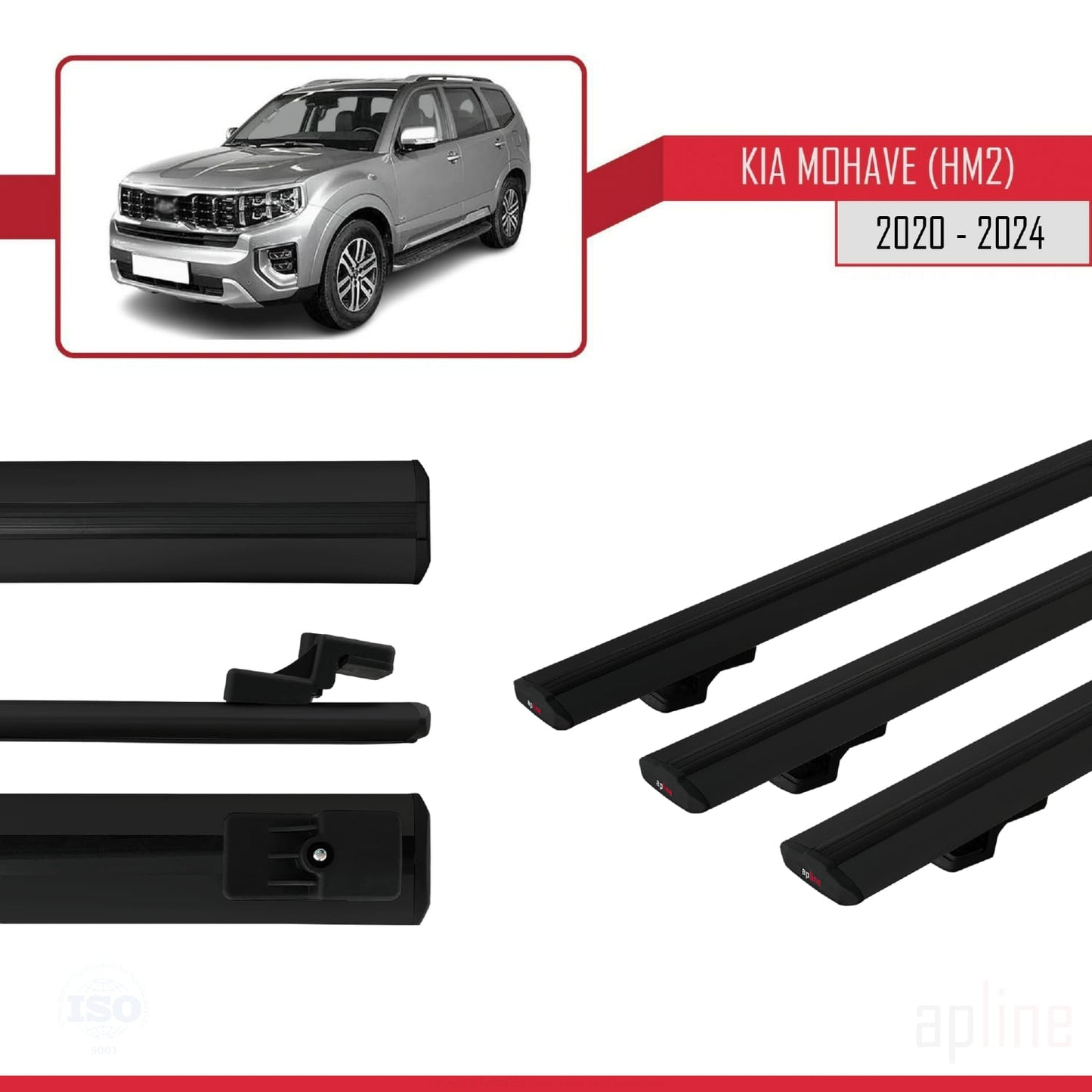 Compatible avec Kia Mohave 2 (HM2) 2020-2024 BASIC Model Barres de Toit Railing Porte-Bagages de Voiture Noir Aluminium 3 Barres