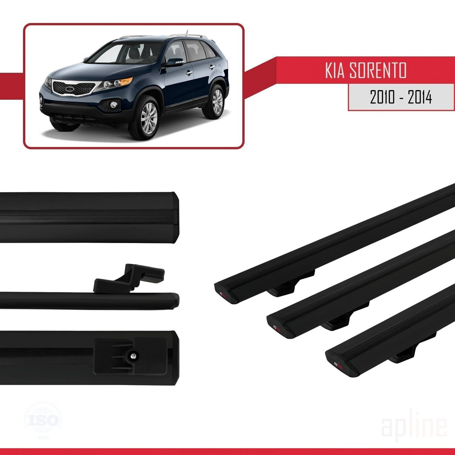 Compatible avec Kia Sorento 2 (XM) 2010-2014 BASIC Model Barres de Toit Railing Porte-Bagages de Voiture Noir Aluminium 3 Barres