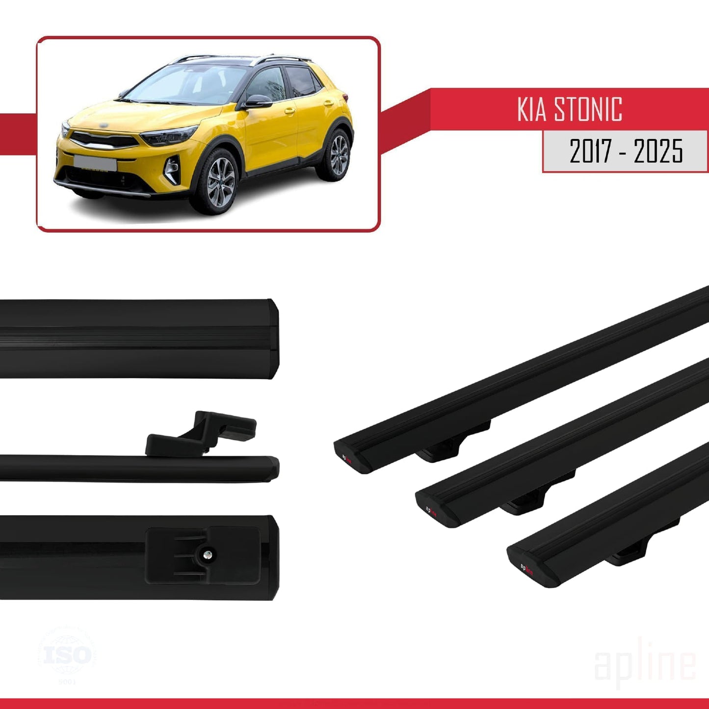 Compatible avec Kia Stonic 2017-2025 BASIC Model Barres de Toit Railing Porte-Bagages de Voiture Noir Aluminium 3 Barres