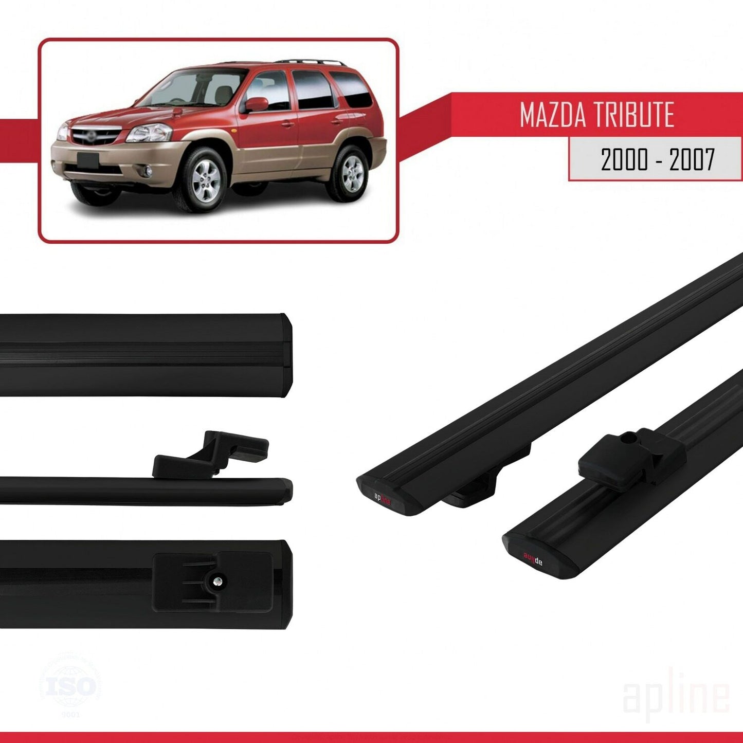 BASIC Model Dakdrager bagagedrager compatibel met Mazda Tribute 2000-2007 Spoorstaven Zwart Aluminium 2 Staven