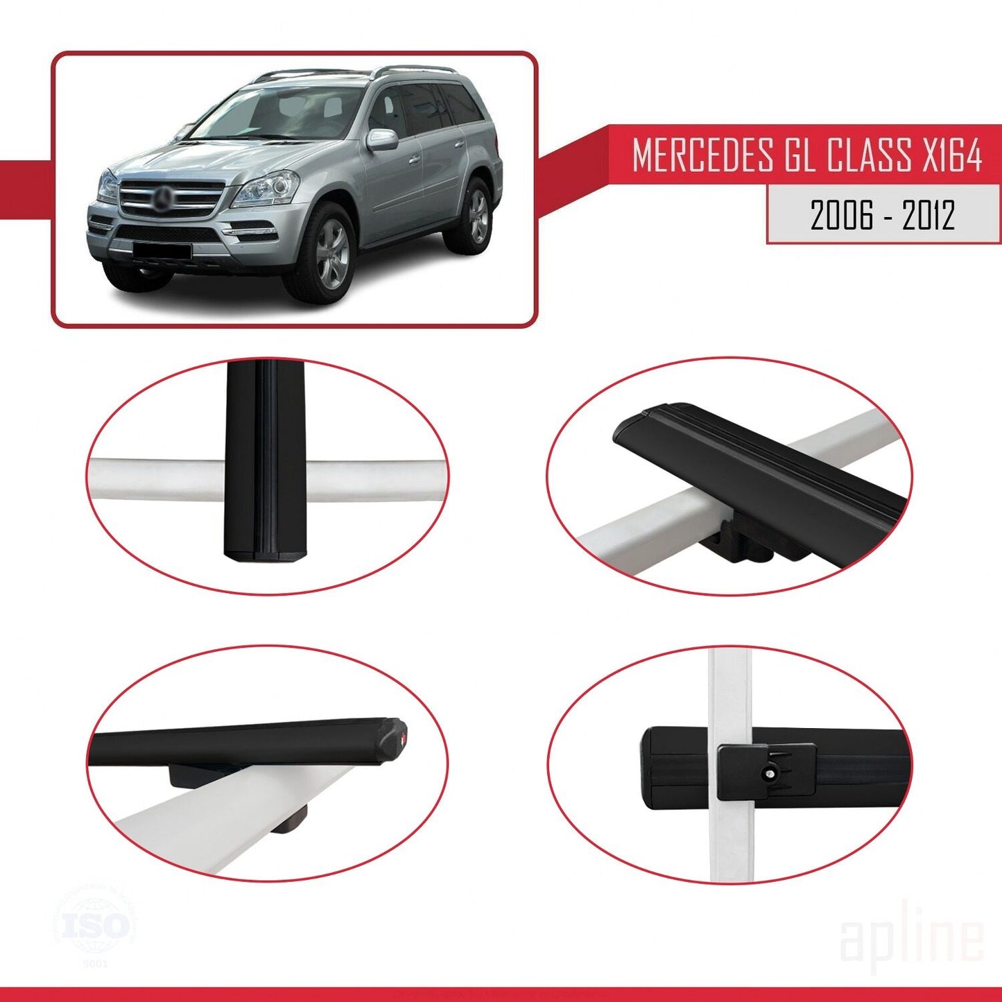 Compatible avec Mercedes Classe GL (X164) 2006-2012 BASIC Model Barres de Toit Railing Porte-Bagages de Voiture Noir Aluminium 3 Barres