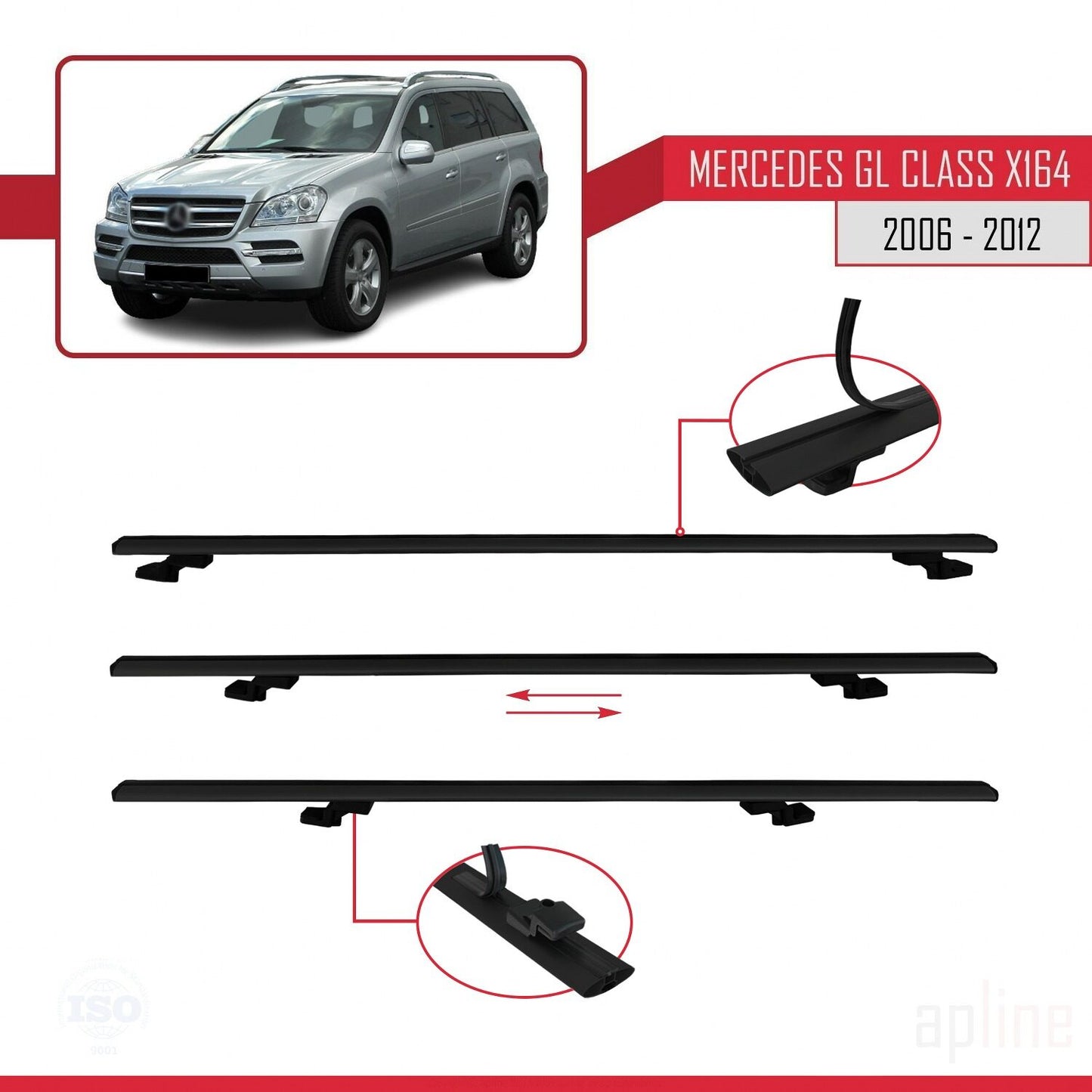 Compatibile con Mercedes Classe GL (X164) 2006-2012 BASIC Model Barre Tetto Portapacchi Auto Barre Portatutto Nero Alluminio 2 Barre